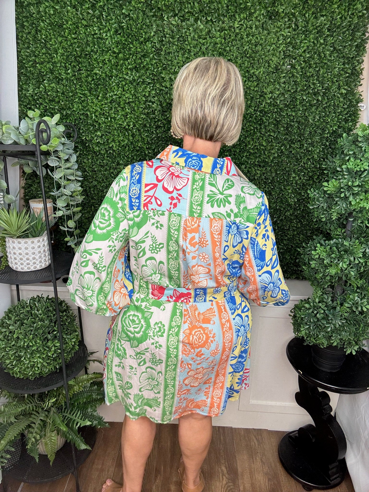 Mixed Print Button Front Shirt Dress with Tie Waist