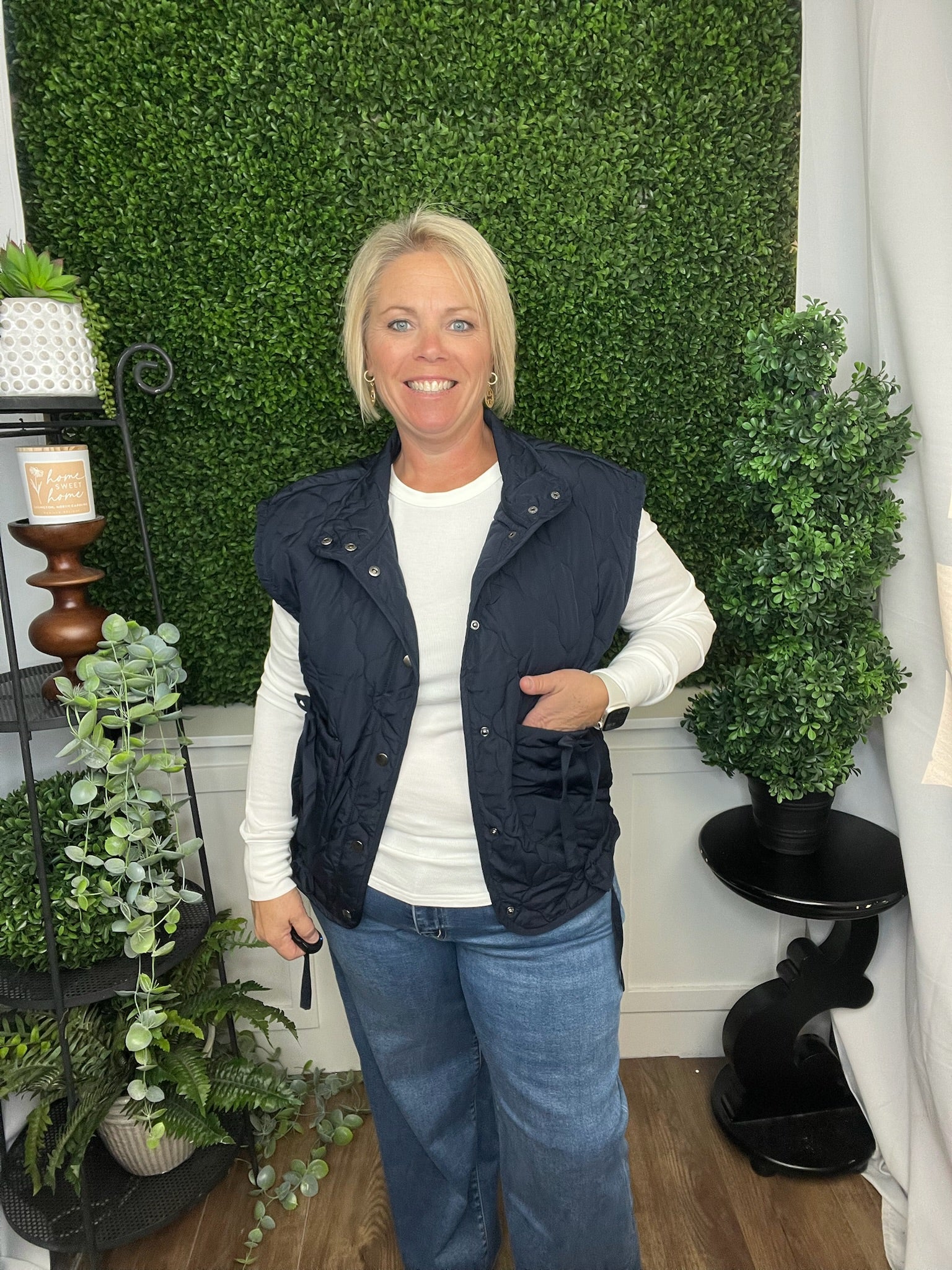 TIE DETAIL SNAP DOWN QUILTED PUFFER VEST