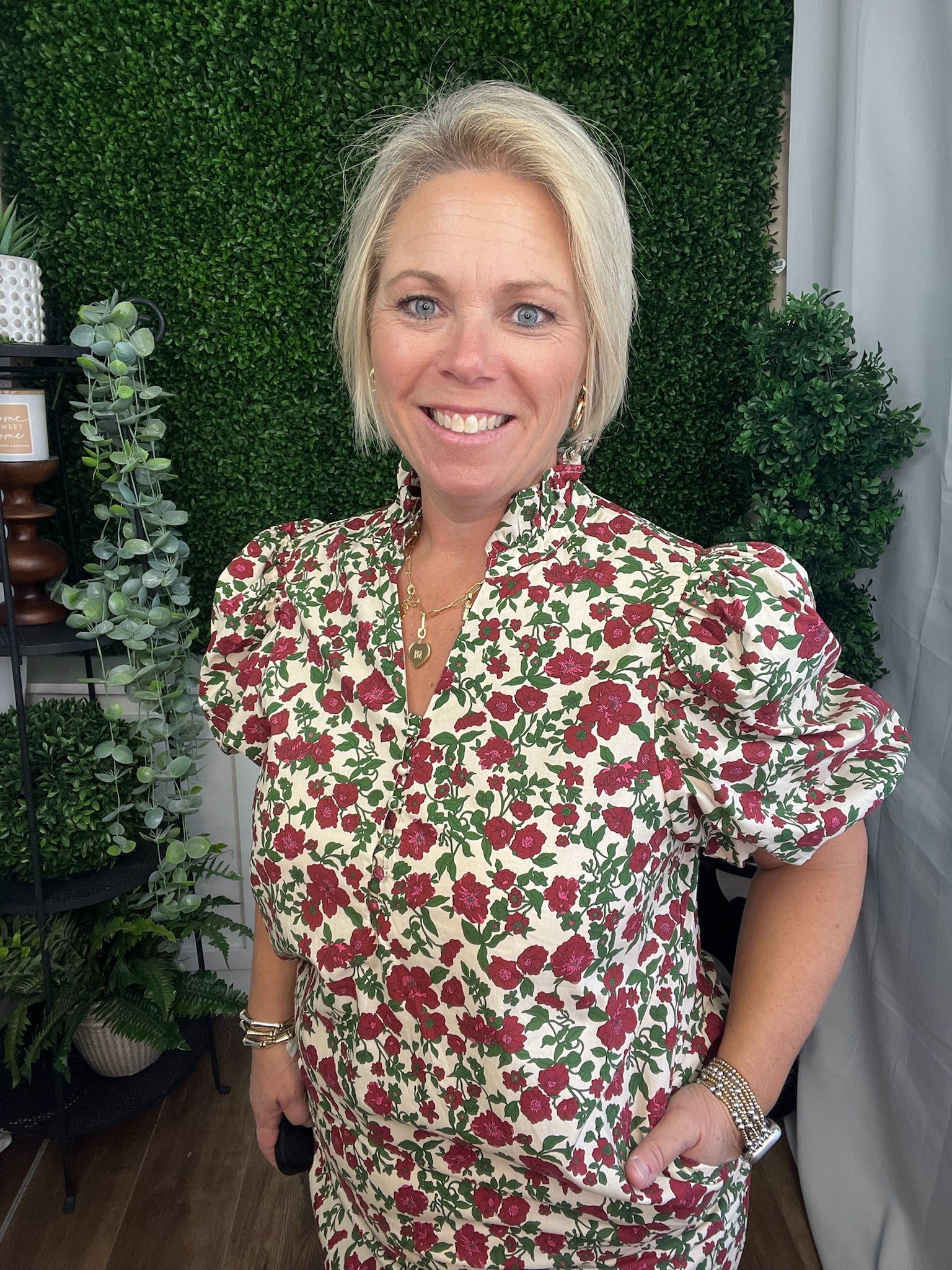 FLORAL PRINT BUBBLE SLEEVE MIDI DRESS- ECRU