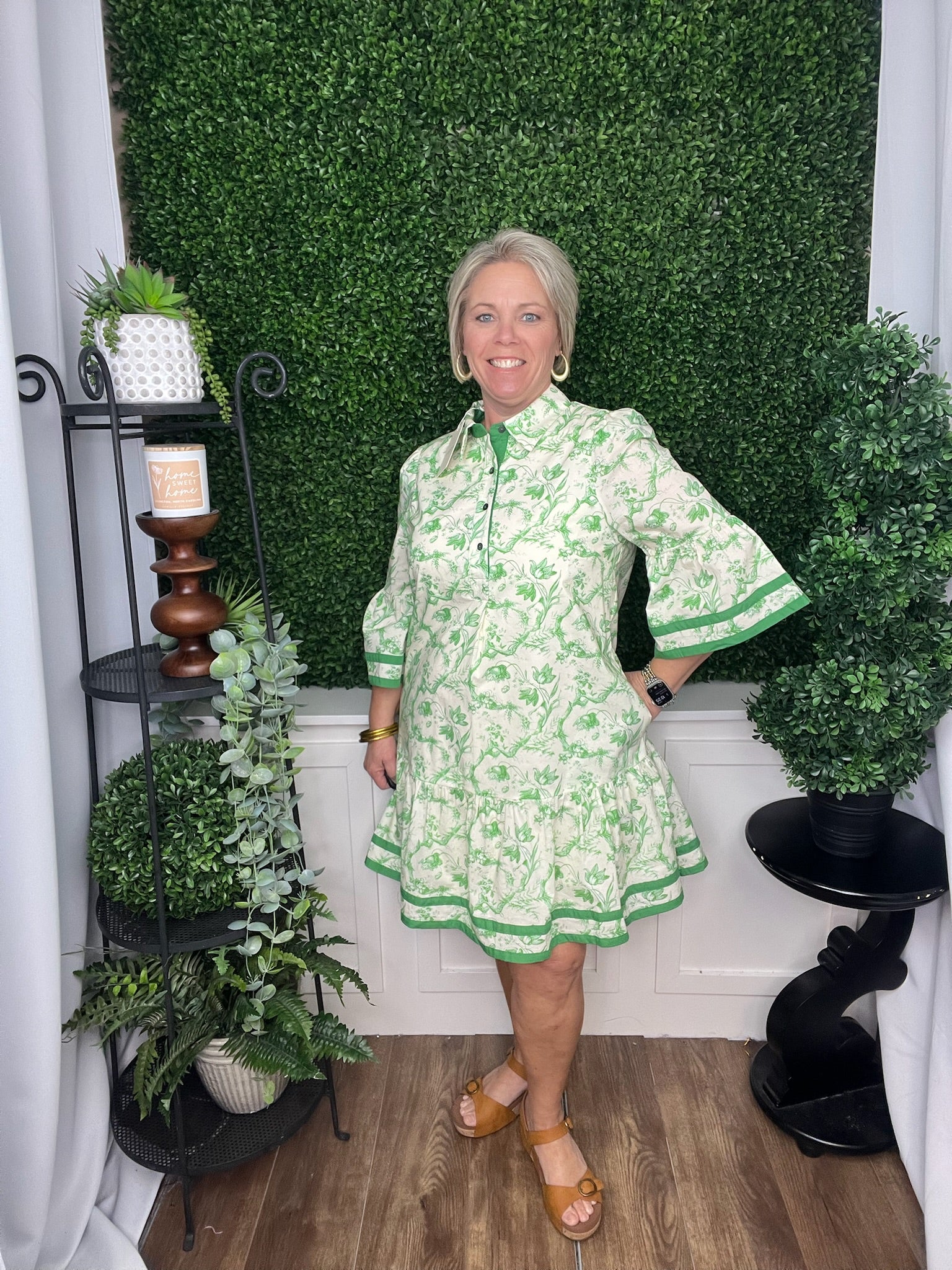Floral dress with green trim
