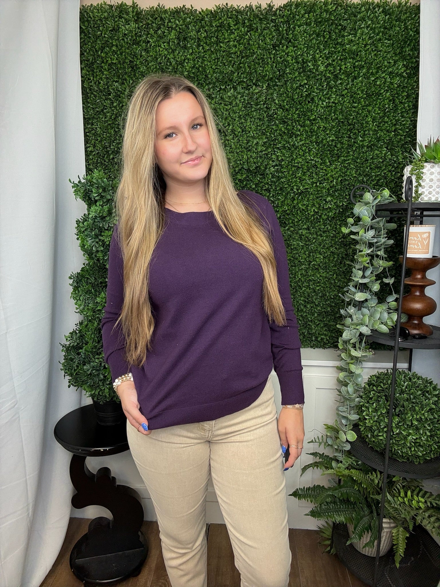 BOAT NECK SUPER SOFT SOLID PULLOVER SWEATER - DARK PURPLE