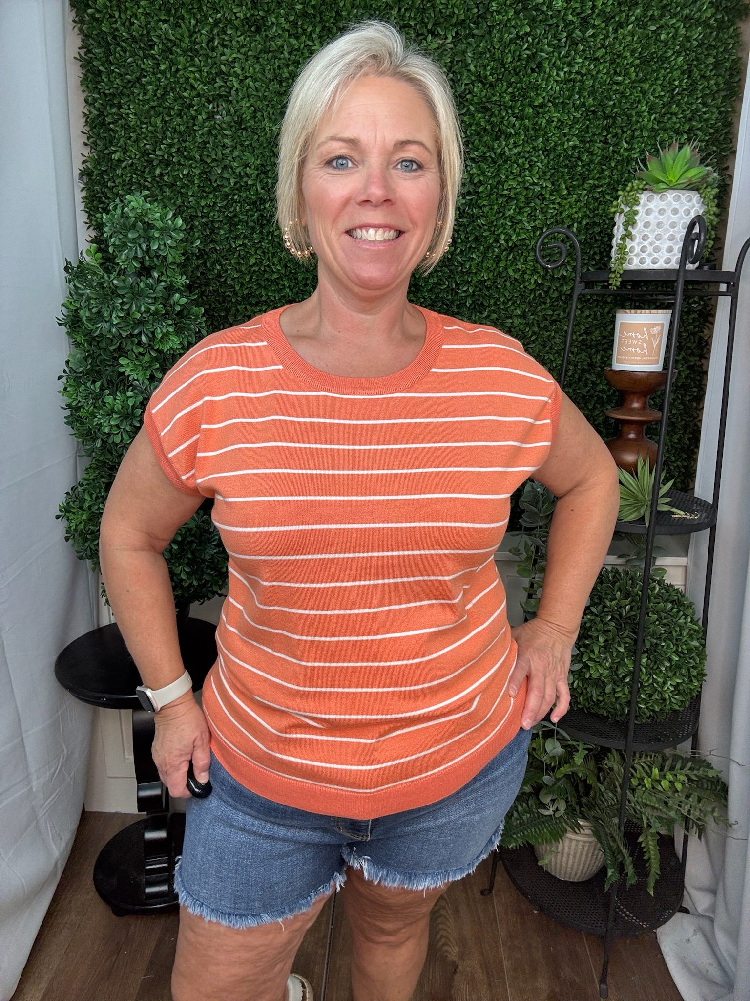 Orange & White Striped Short Sleeve Knit Top