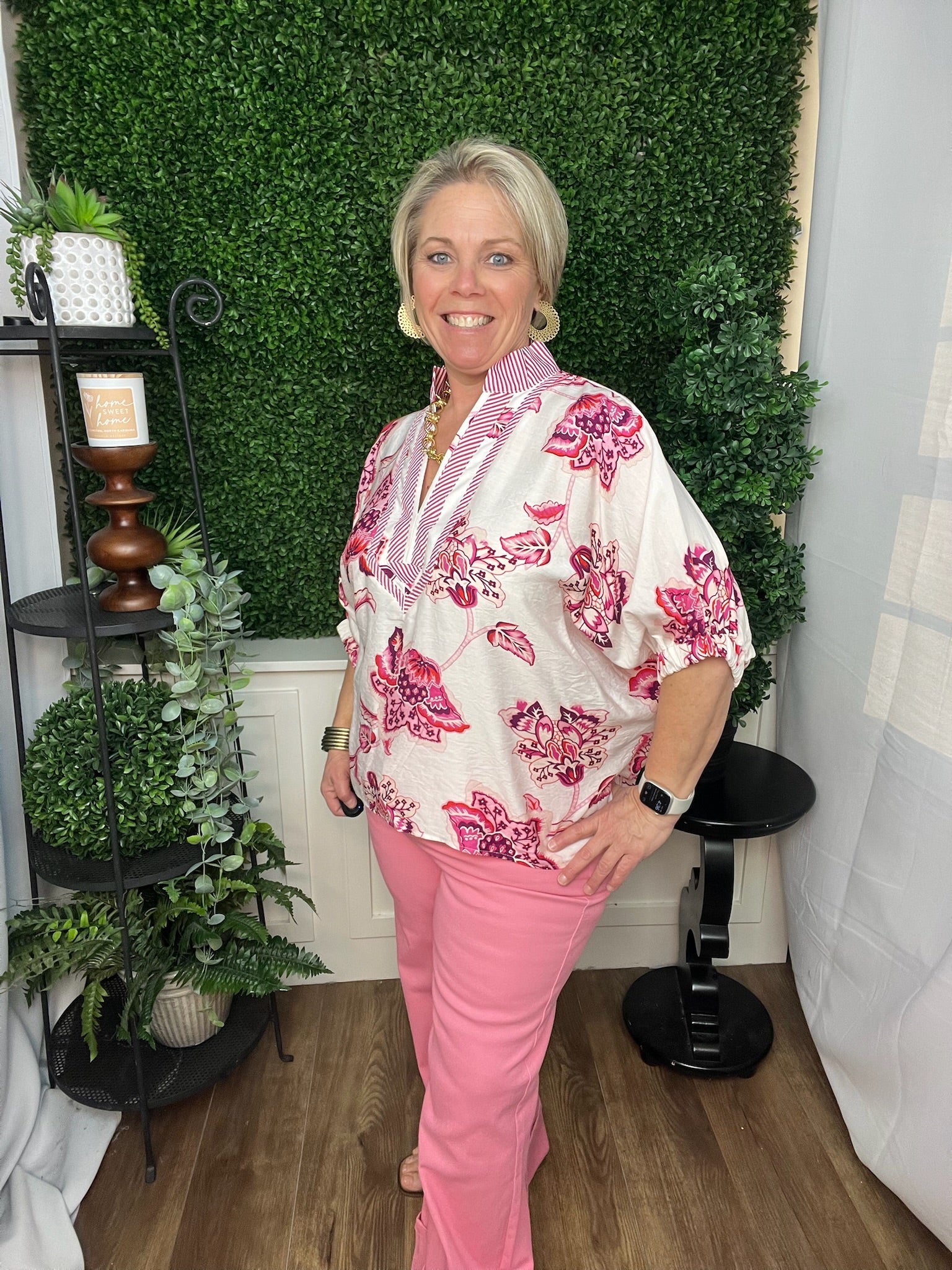 PINK FLORAL PUFF SLEEVE TOP