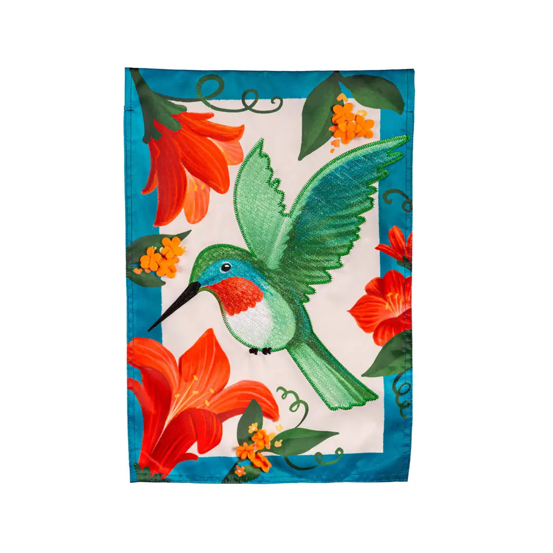 SPRING HUMMINGBIRD APPLIQUE GARDEN FLAG