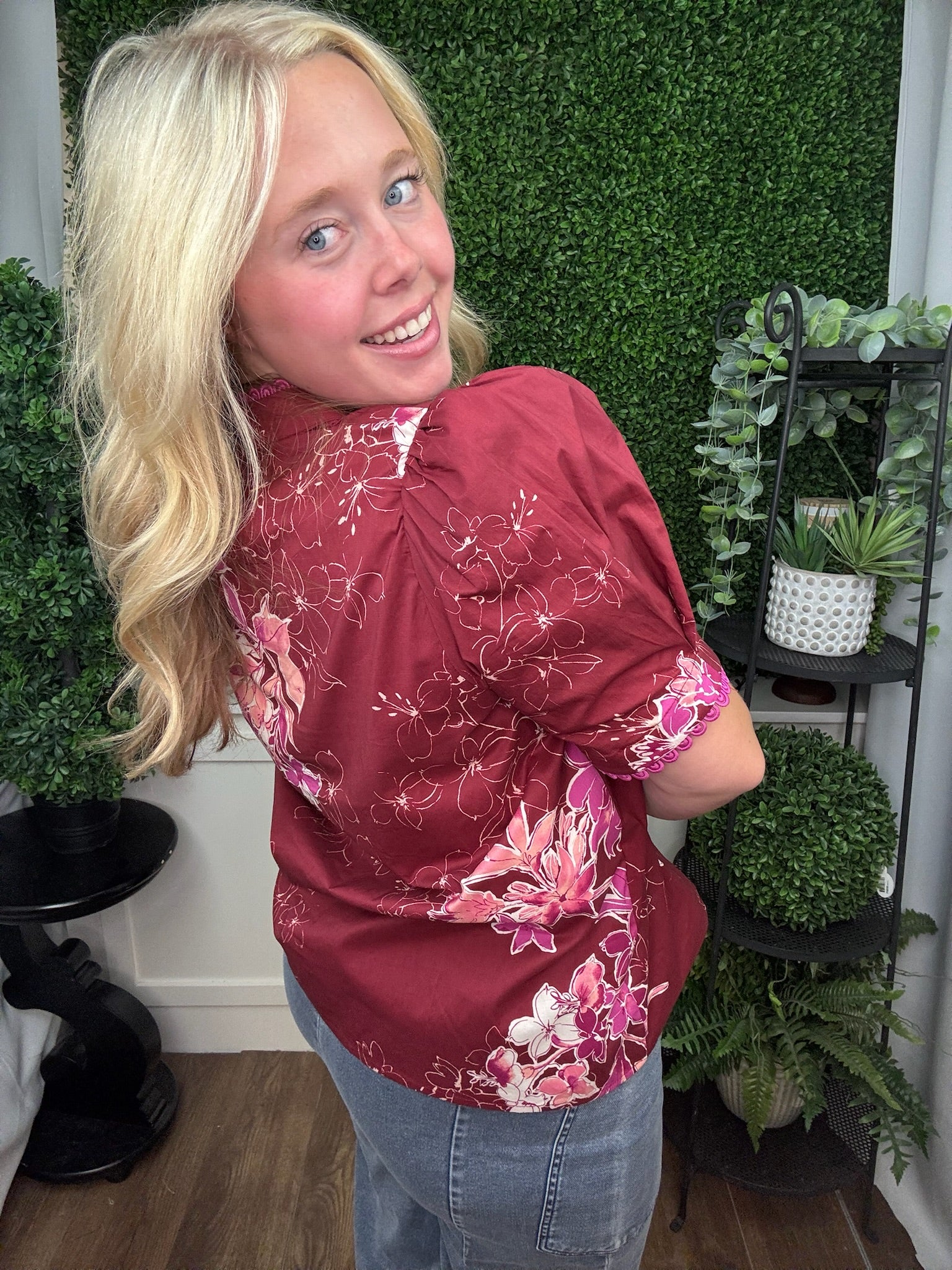 FLORAL PRINT PUFF SLEEVE BLOUSE - BURGUNDY/CHOCOLATE