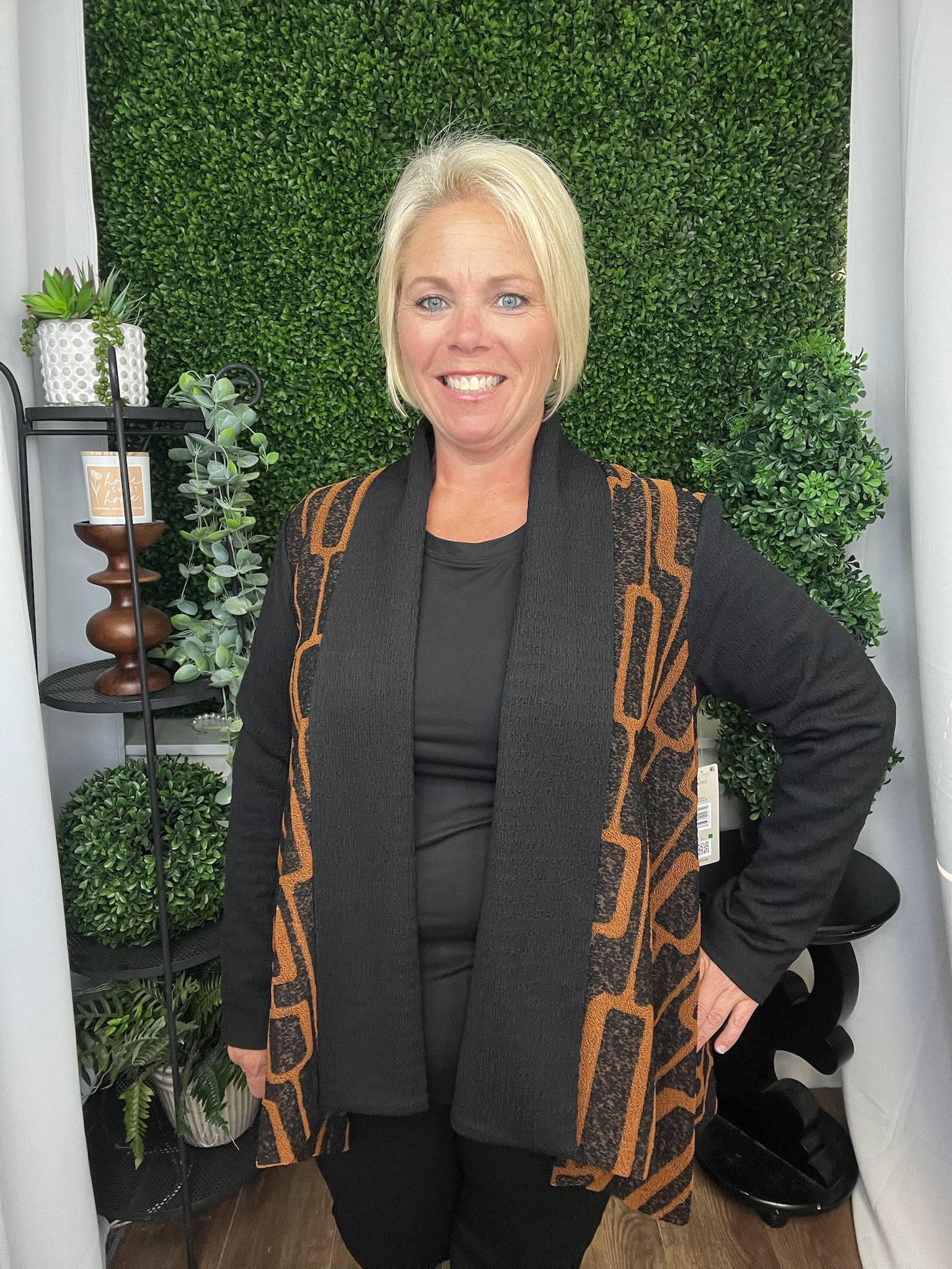 KNIT OPEN FRONT CARDIGAN JACKET 3/4 SLEEVES - BLACK