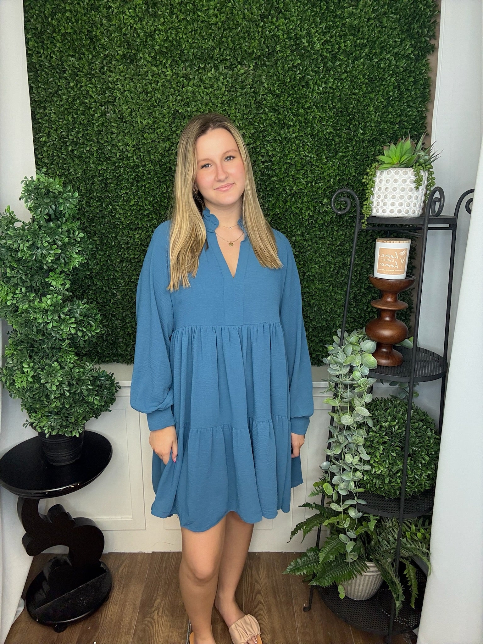 RUFFLE V-NECK TIERED LS DRESS - DUSTY BLUE