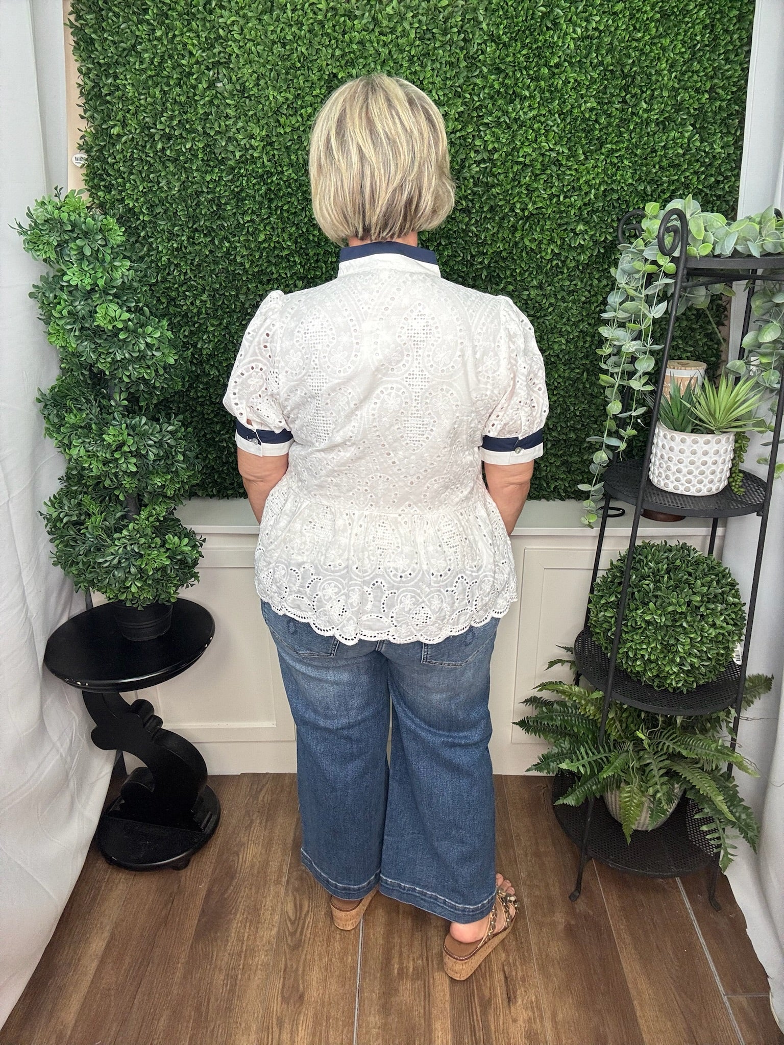 NAVY STRIPE EYELET TOP