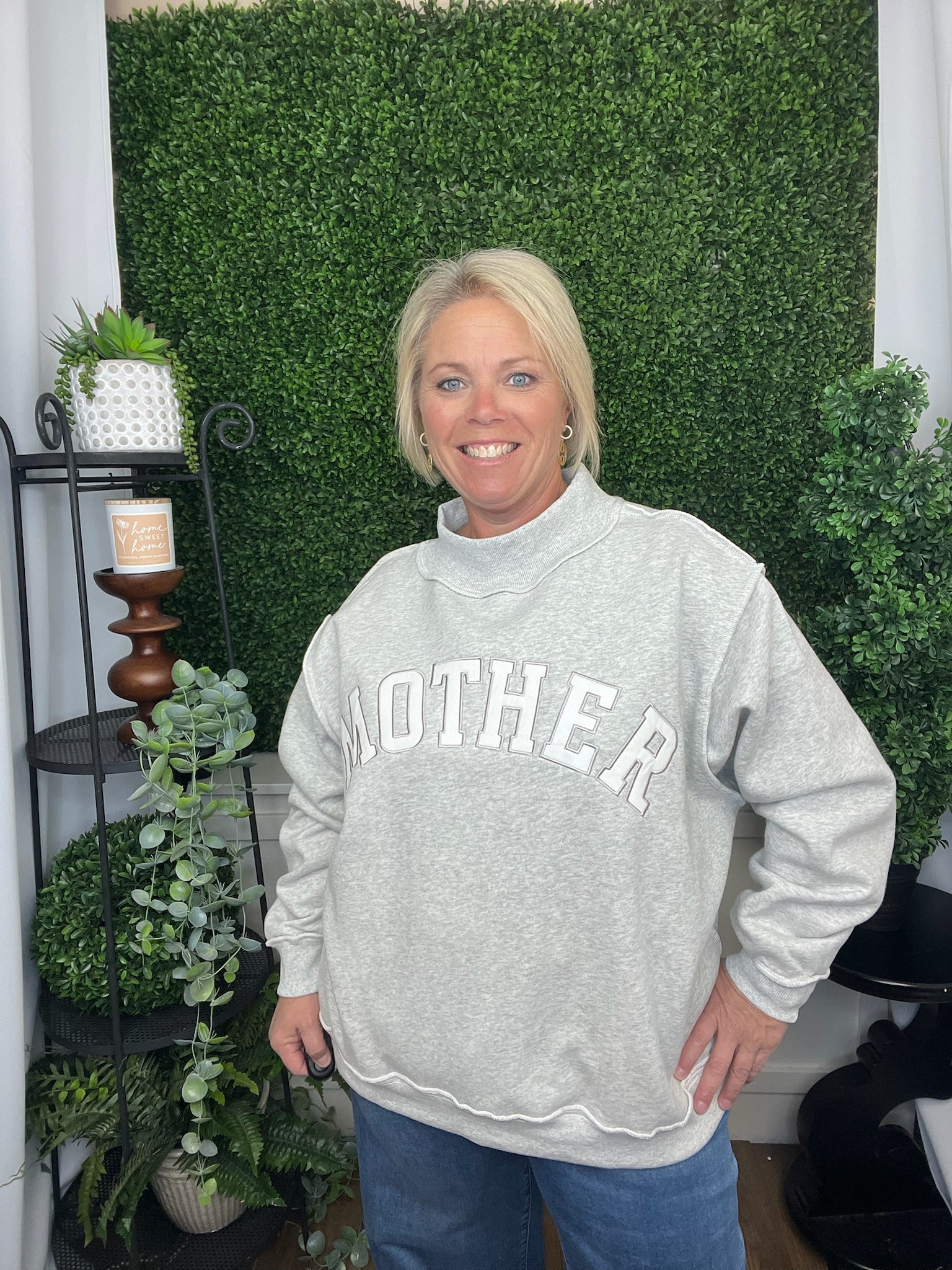 EMBROIDERED MOCK NECK SWEATSHIRT - MOTHER - GREY