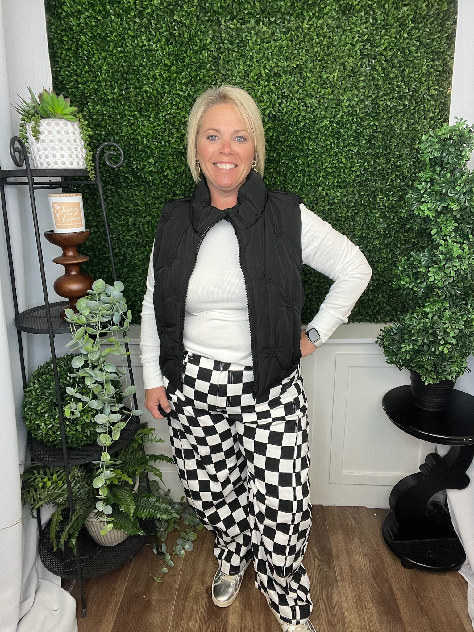 CHECKERED PRINTED BARREL DEMIN PANT BLACK COMBO