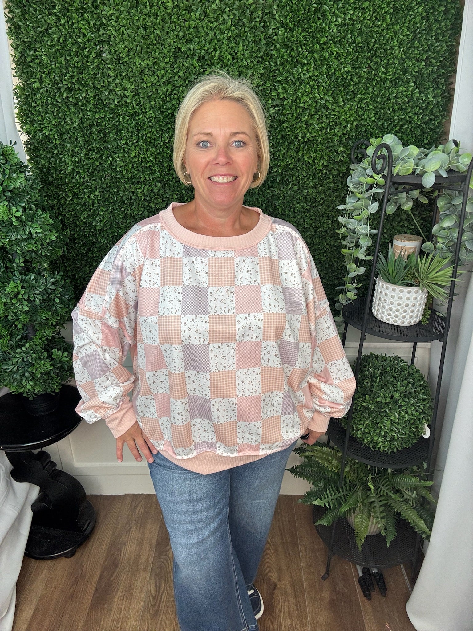 LONG SLEEVE DROP SHOULDER PATCHWORK PULLOVER - BLUSH