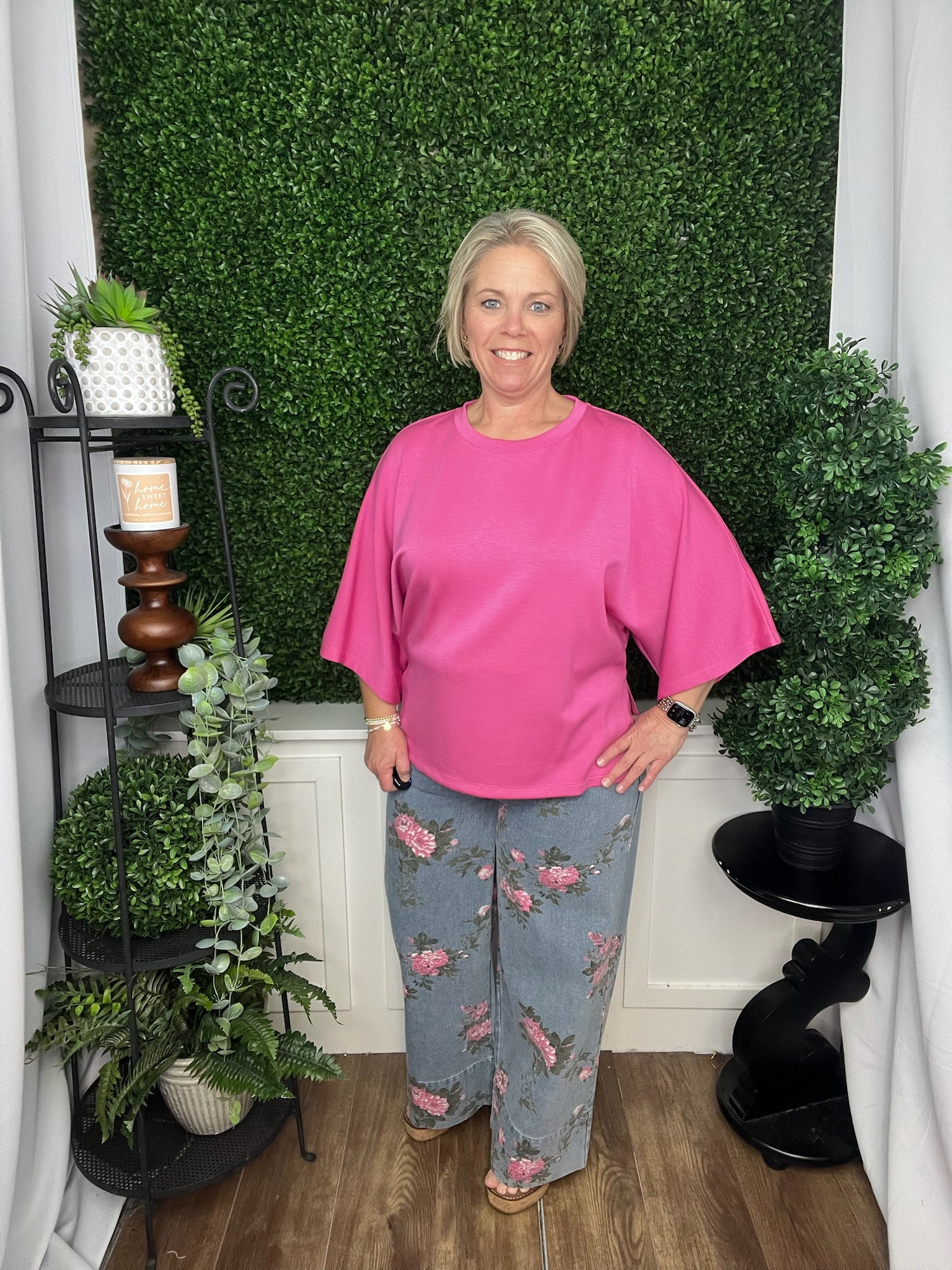 PINK 3/4 SLEEVE CREW NECK TOP