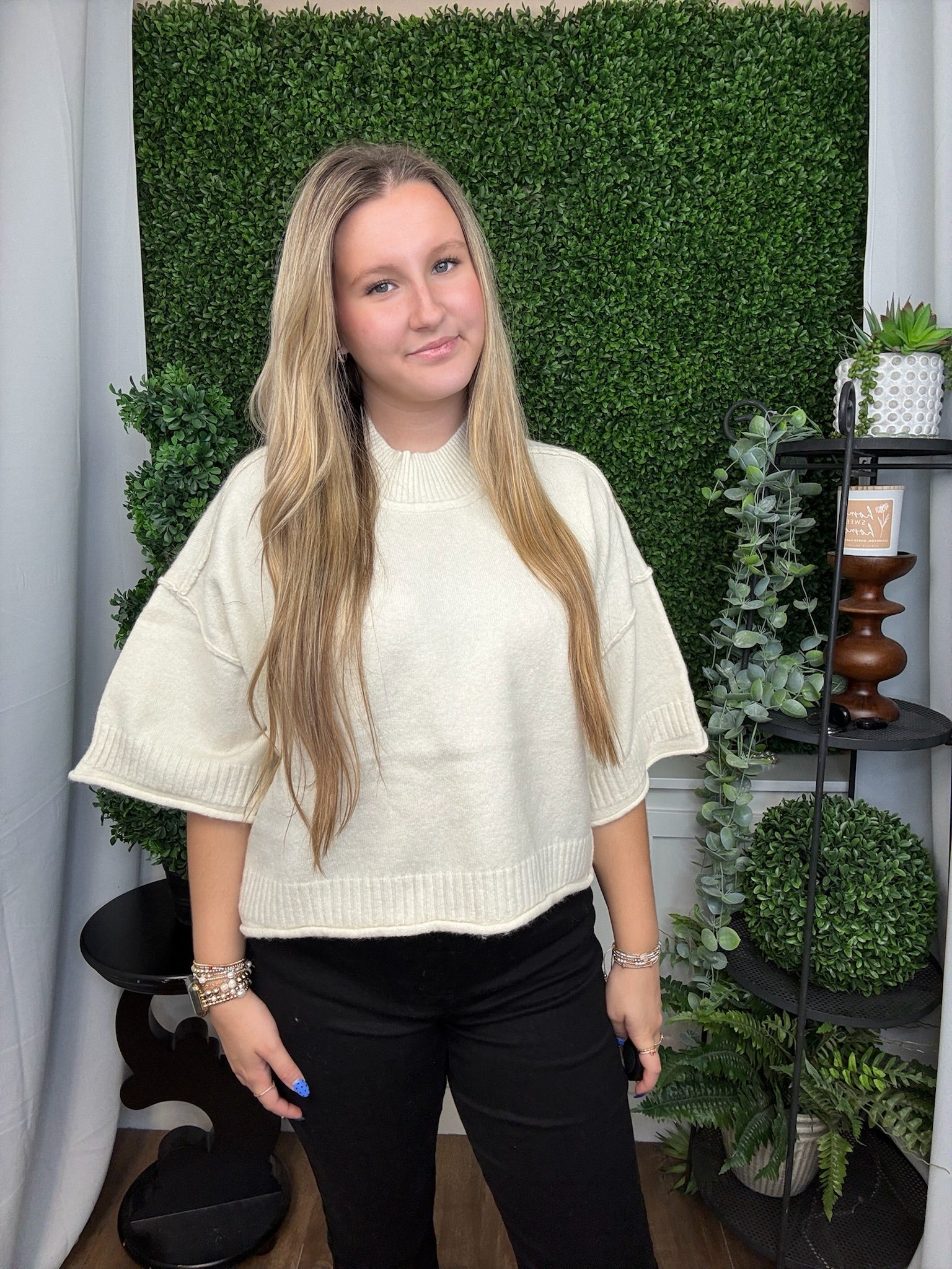 MARLED KNIT MOCK NECK SS SWEATER - IVORY