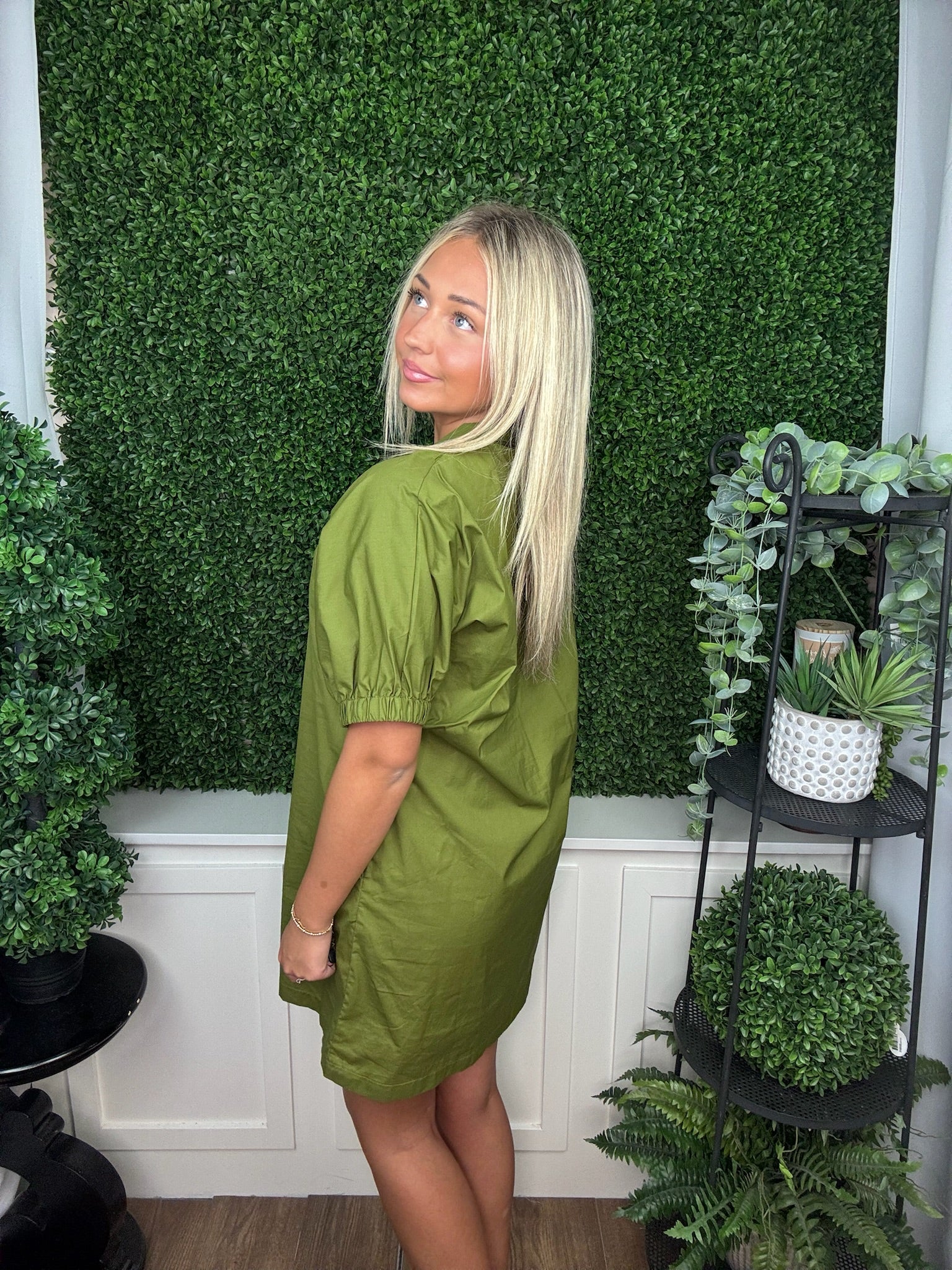 BUTTON FRONT PUFF SLEEVE DRESS - MARTINI OLIVE