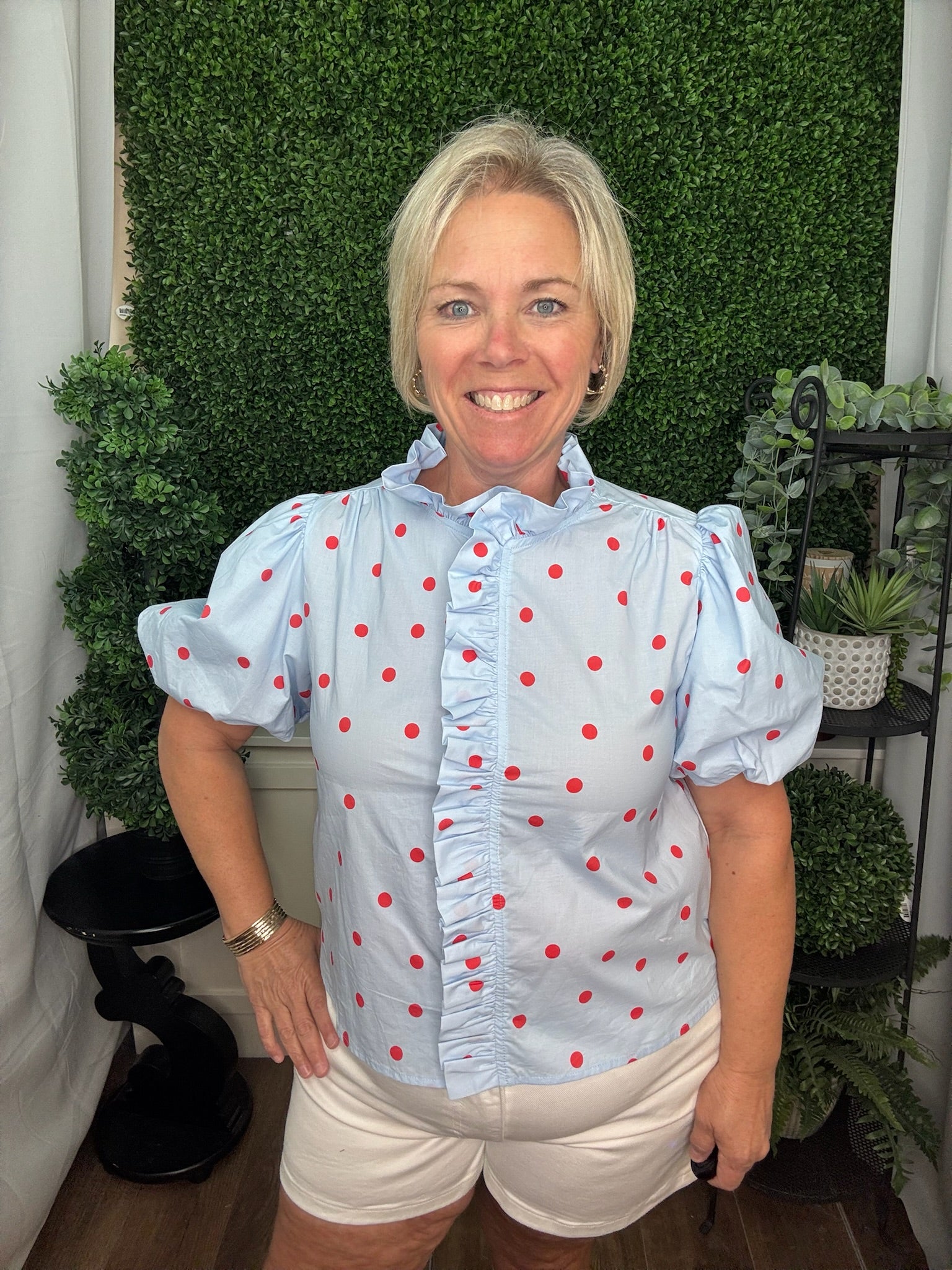Polka Dot Ruffle Front Blouse