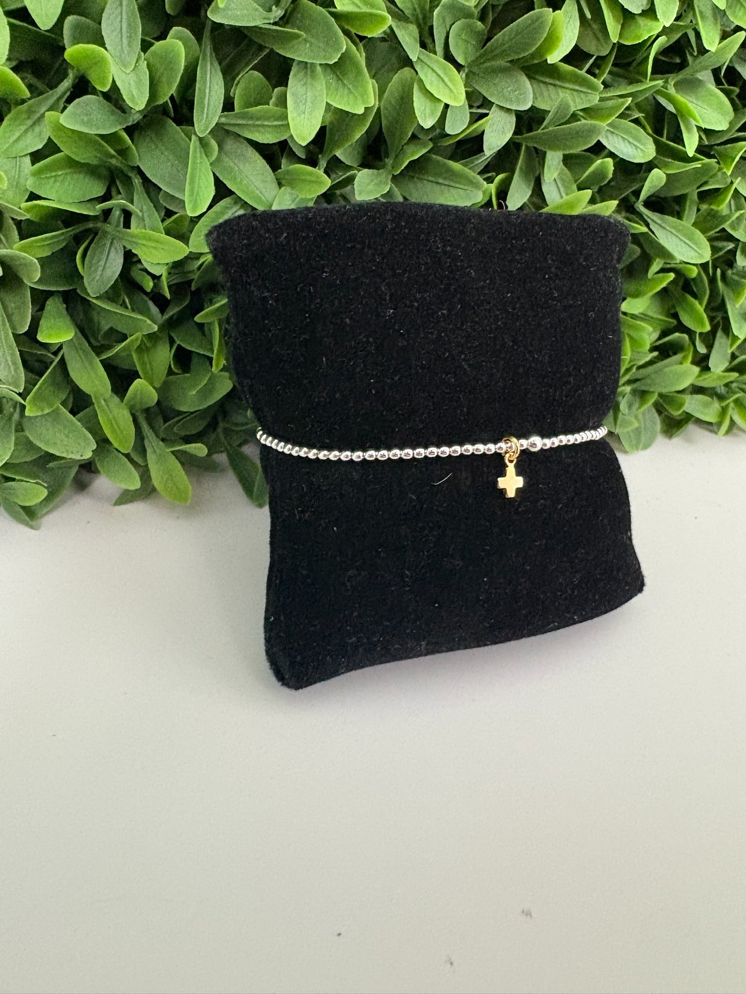 CLASSIC STERLING MIXED METAL 2MM BEAD BRACELET - SIGNATURE CROSS SMALL GOLD CHARM