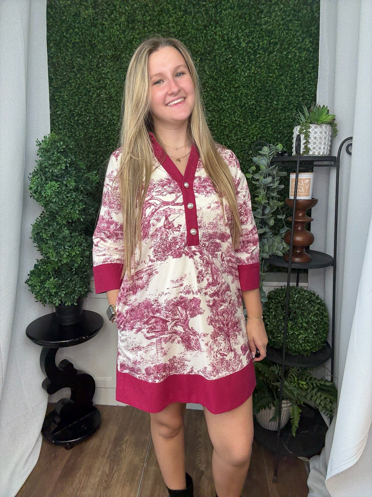 TOILE 3/4 SLEEVE MINI DRESS - BURGUNDY