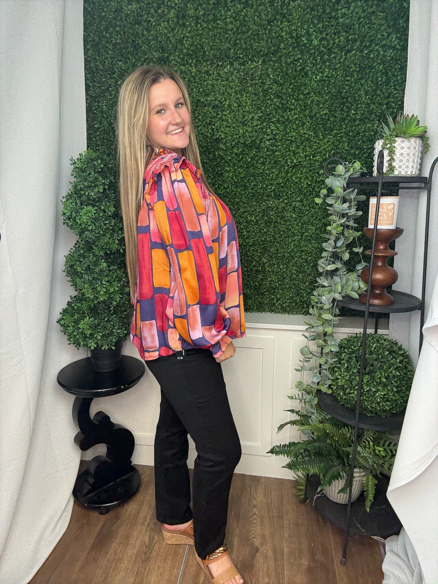 ABSTRACT PRINTED MIRABELLE SATIN BLOUSE - MIDNIGHT BLUE