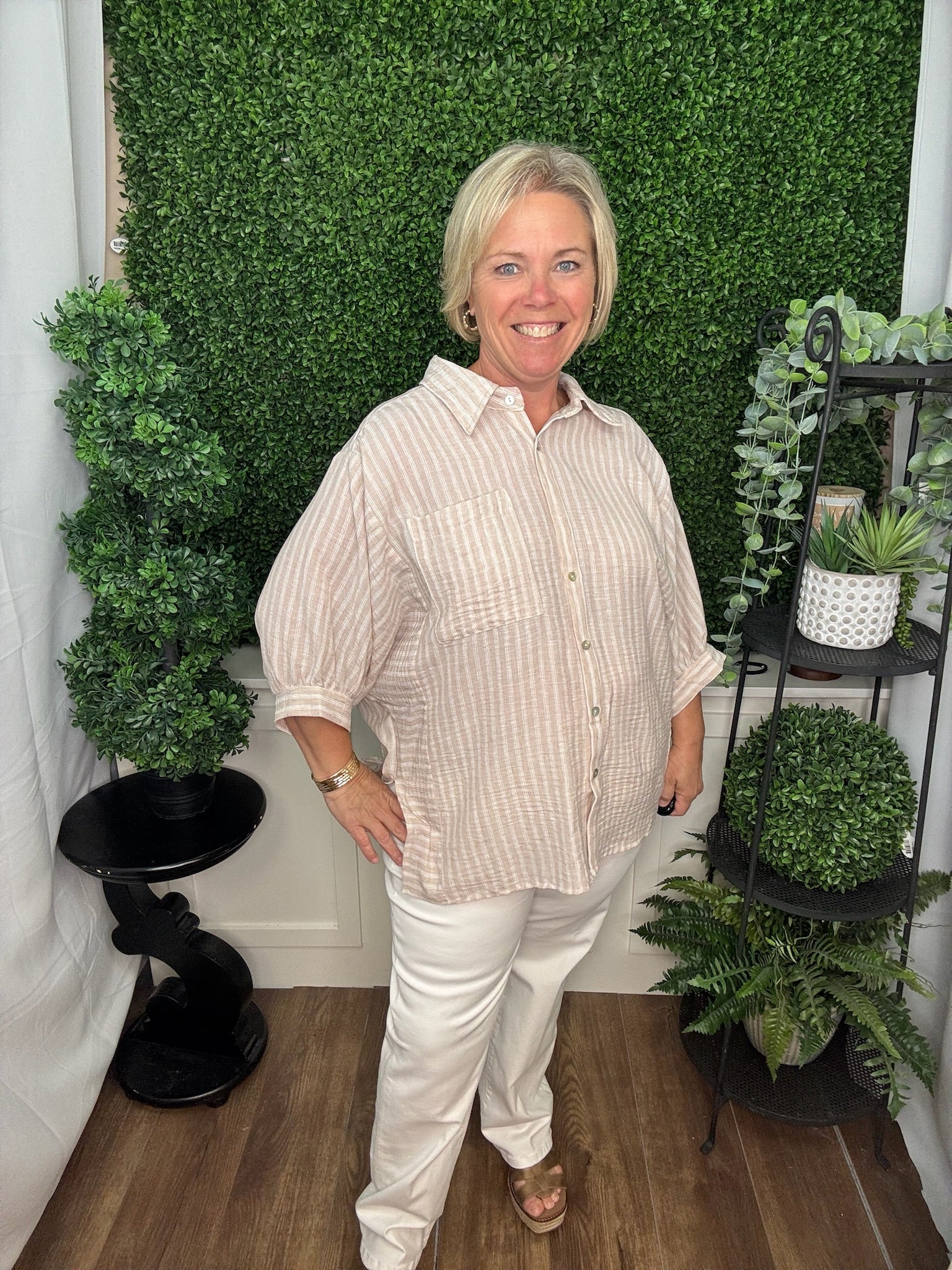 Taupe Striped Relaxed Button-Up Blouse