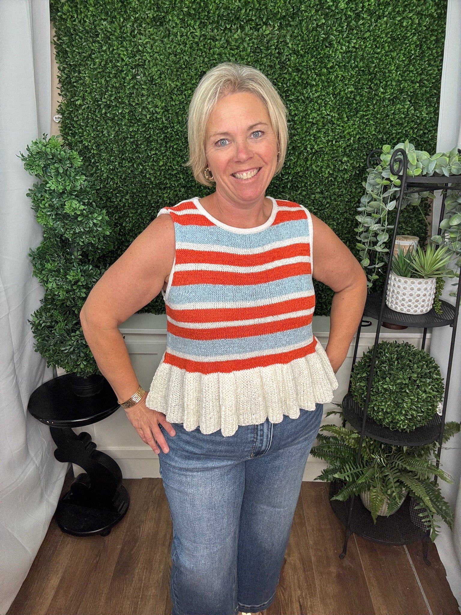 Striped Sleeveless Knit Peplum Top