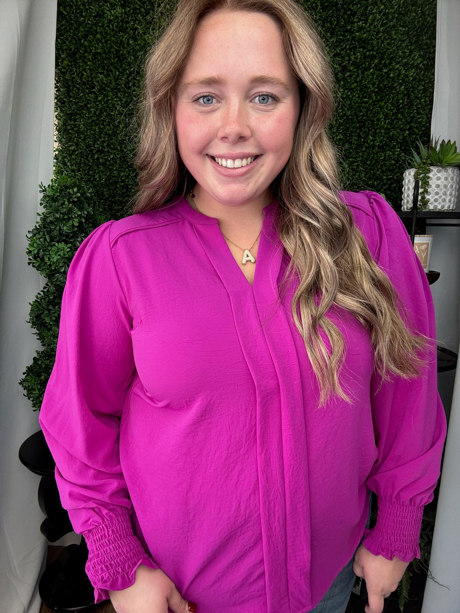 LONG SMOCKED SLEEVE FRONT PLEATS TOP