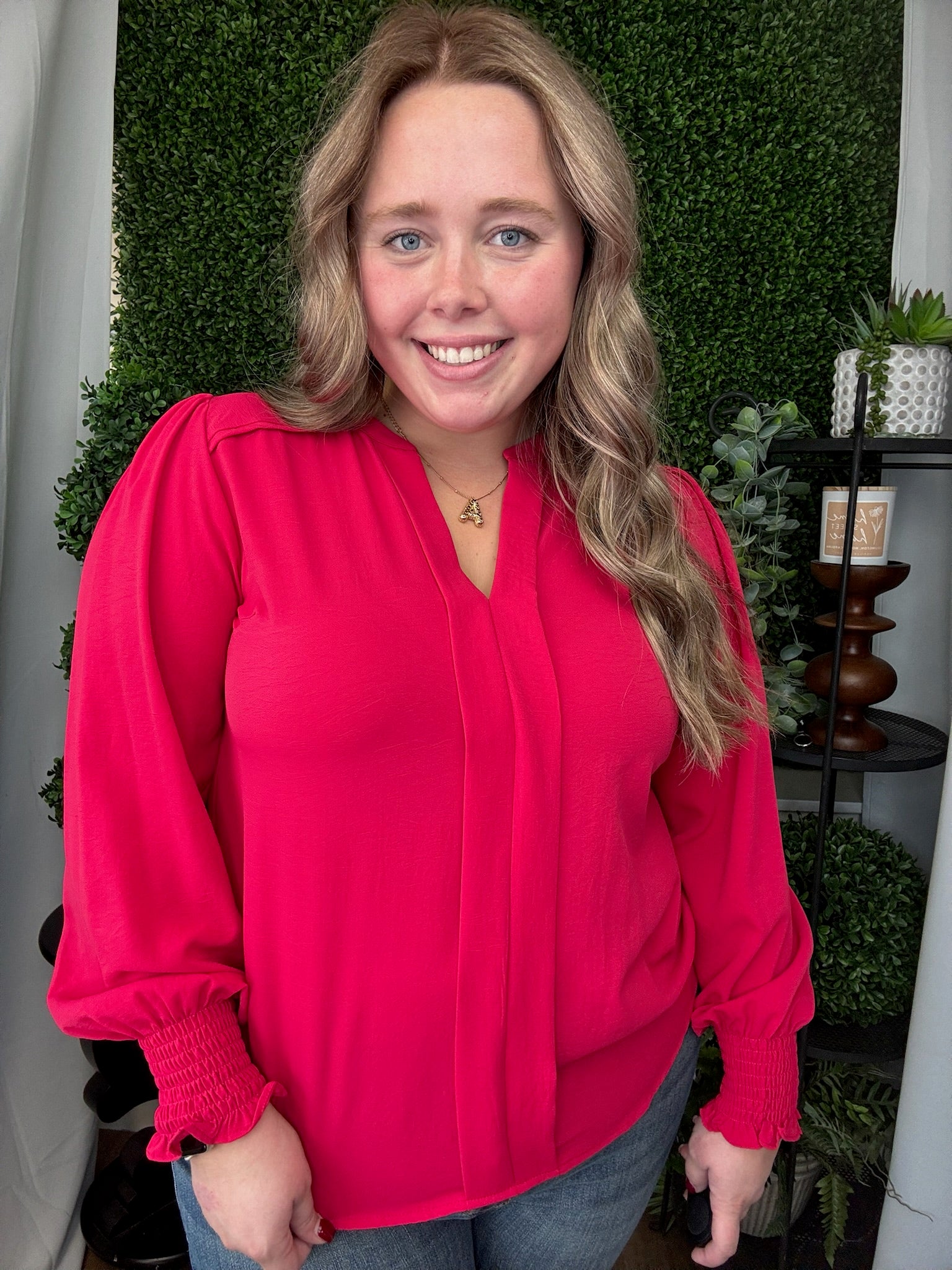 LONG SMOCKED SLEEVE FRONT PLEATS TOP