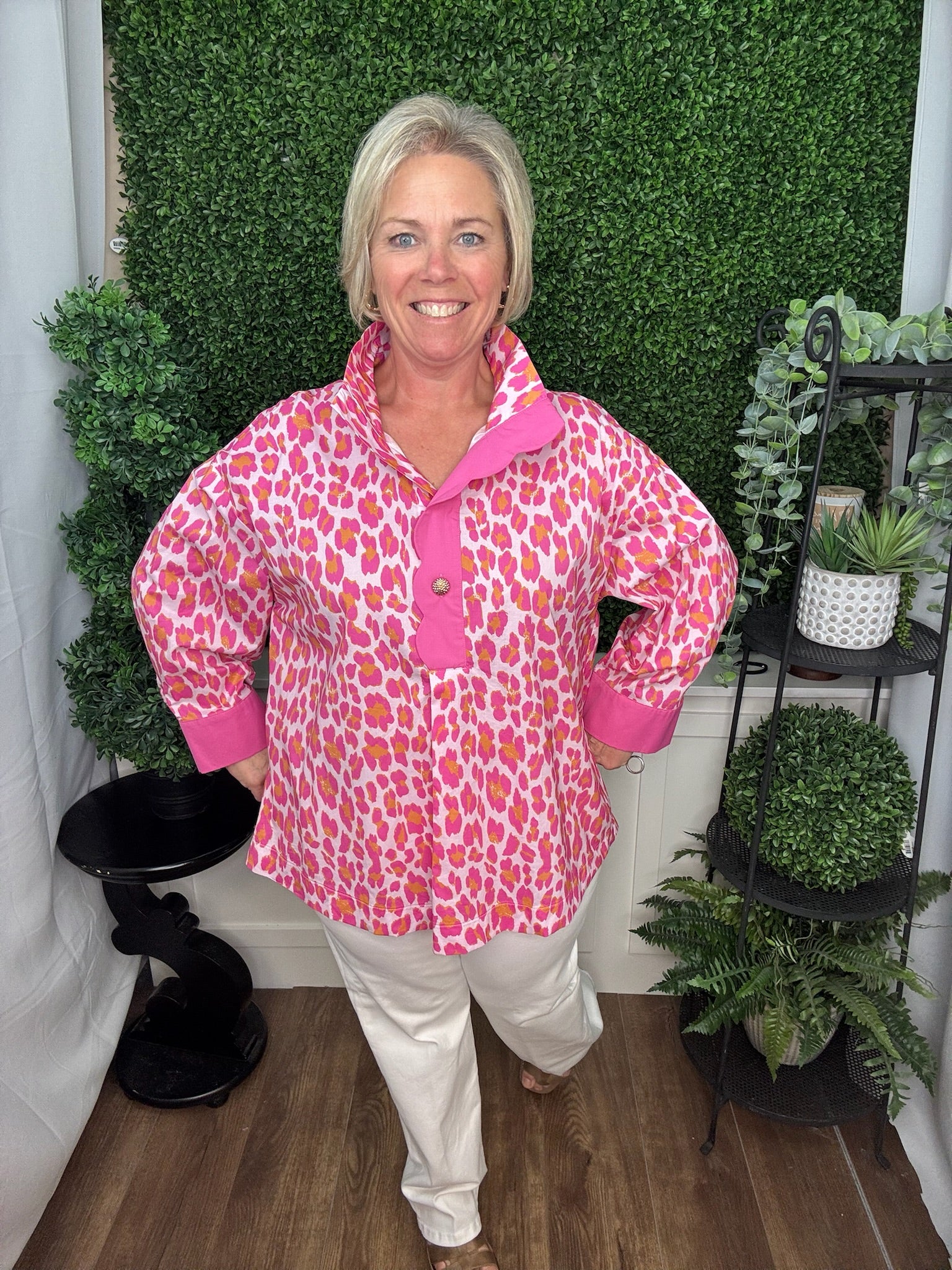 Pink Leopard Contrast Placket Blouse