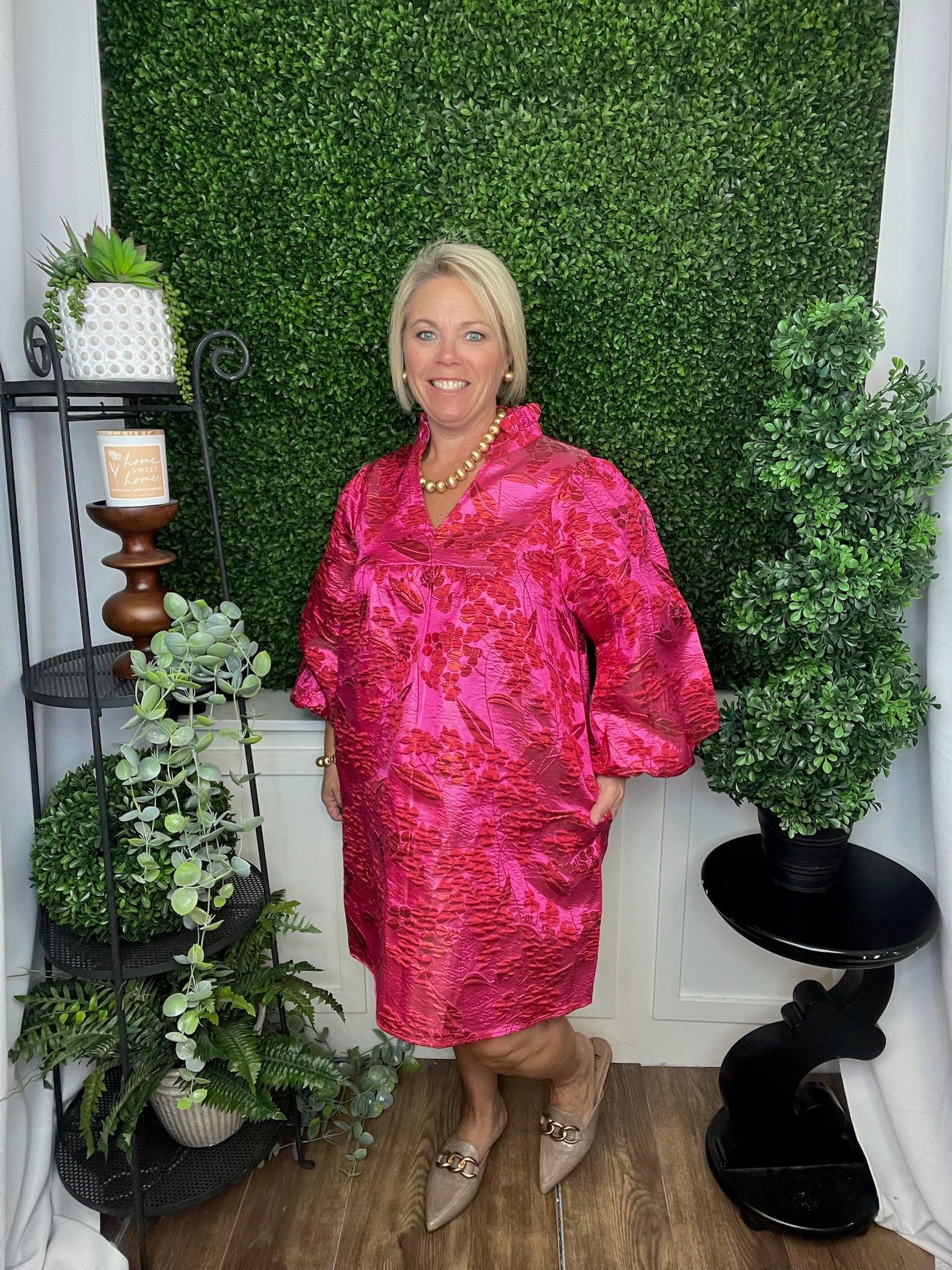 RUFFLED NECK FLORAL JACQUARD DRESS - HOT PINK