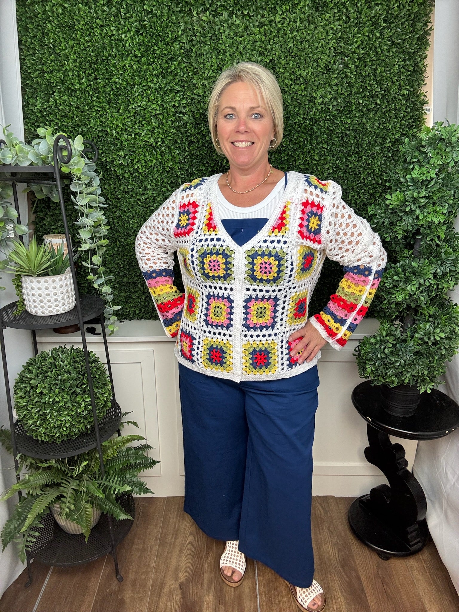 PATCHWORK BUTTON FRONT CROCHET CARDIGAN