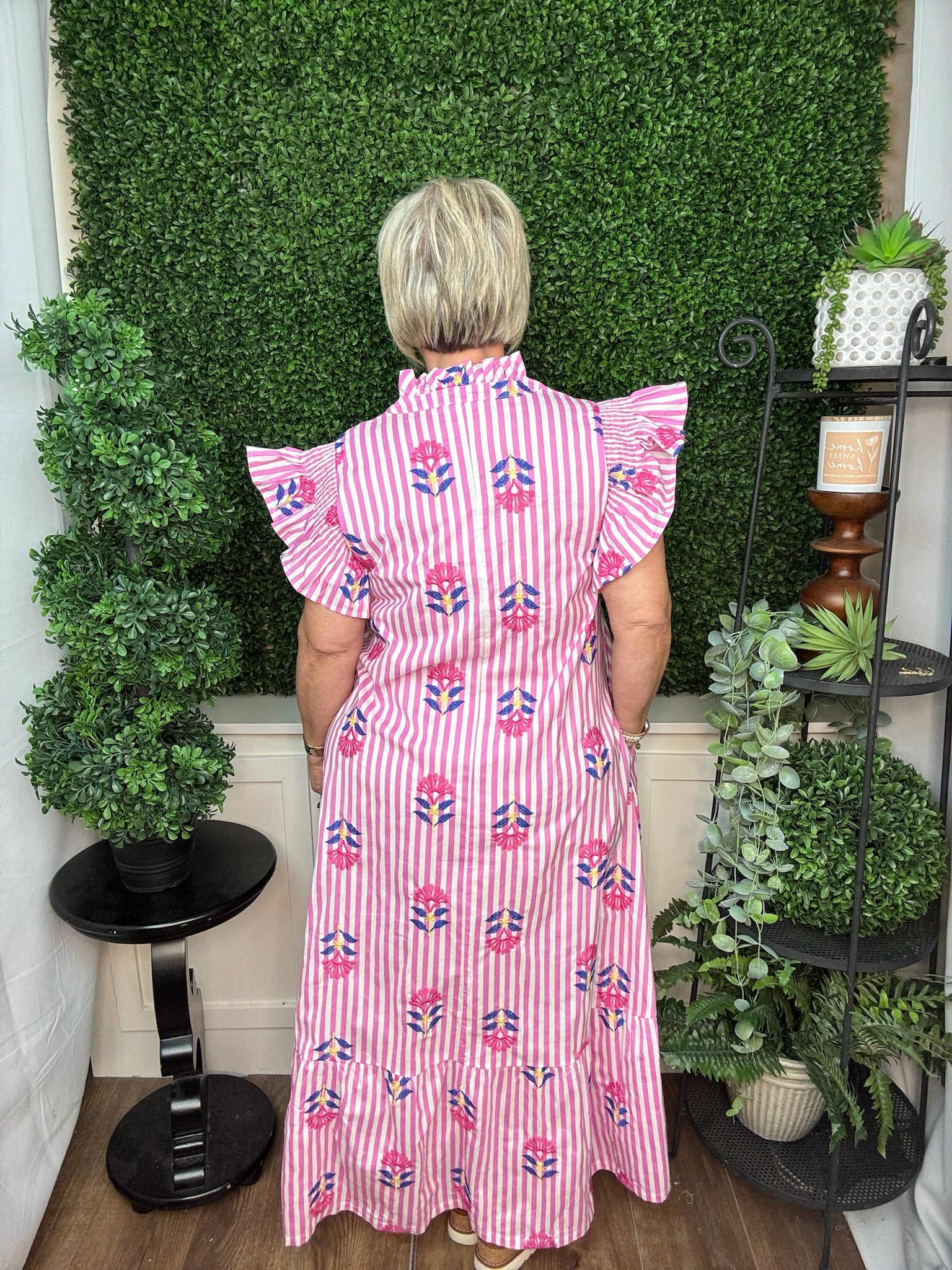 Pink Stripe Embroidered Flutter Sleeve Dress