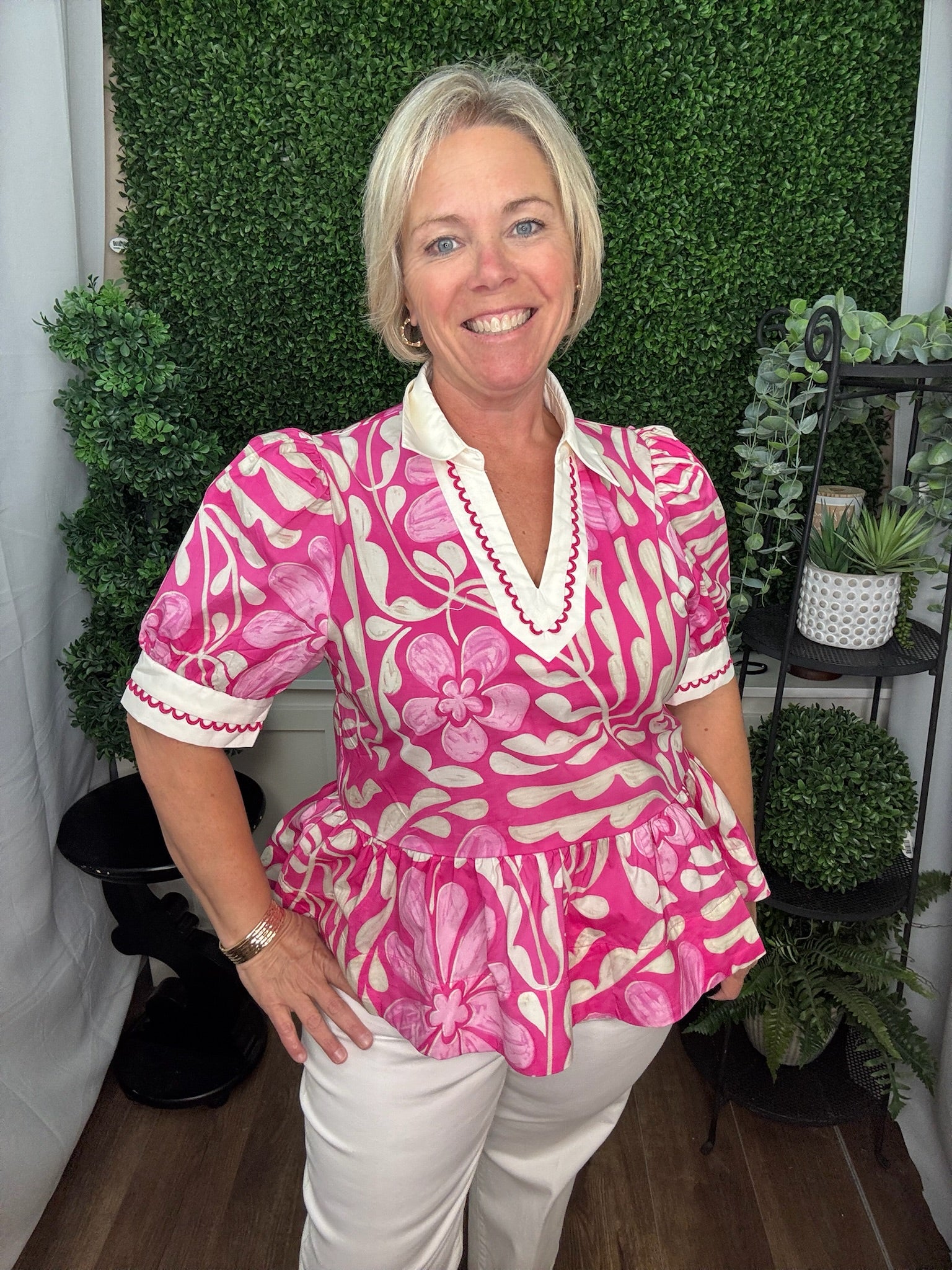 Floral Peplum Blouse with Contrast Collar