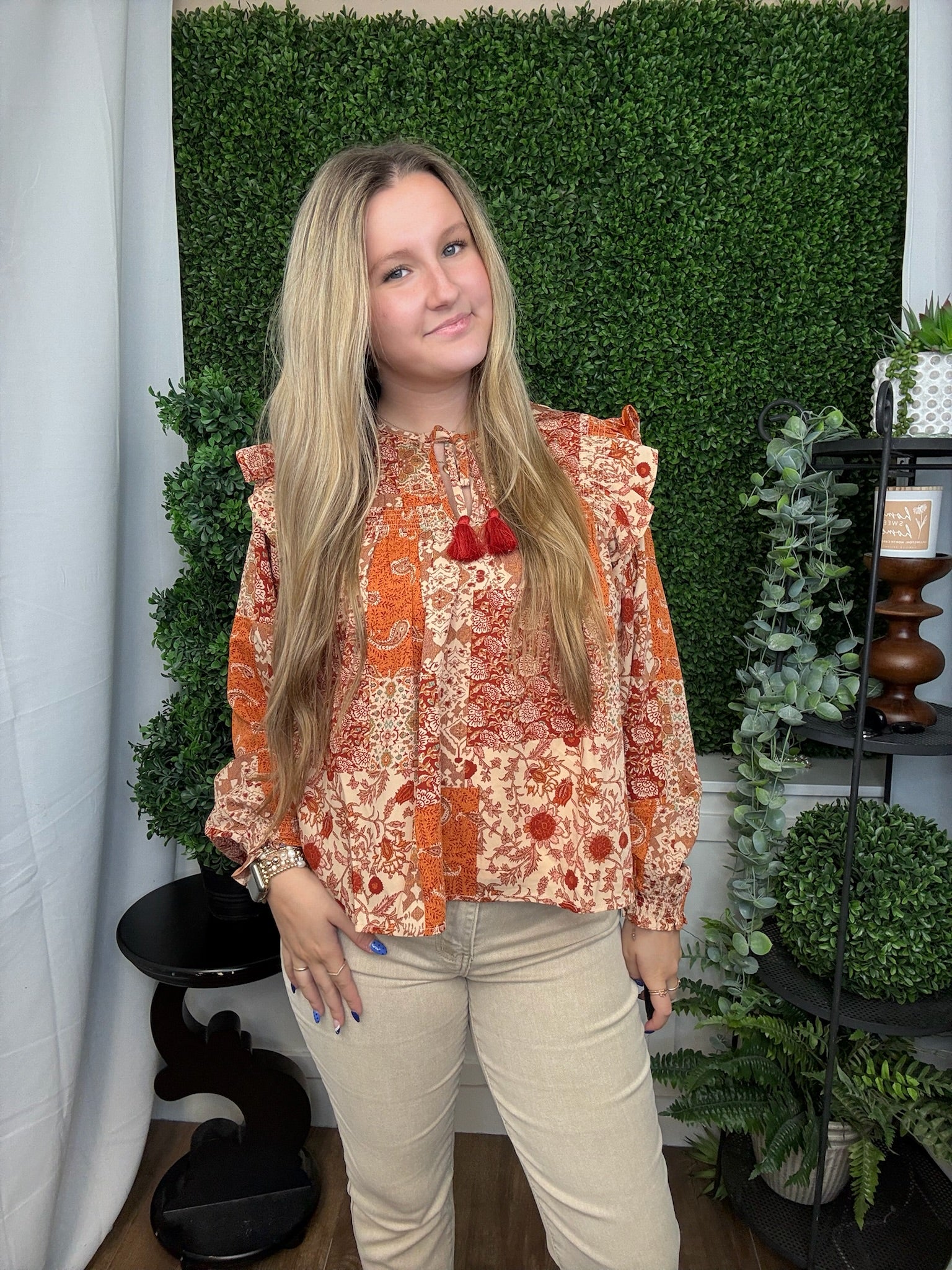 PATCHWORK PRINT SMOCKED RUFFLE BLOUSE - RUST MULTI FLORAL