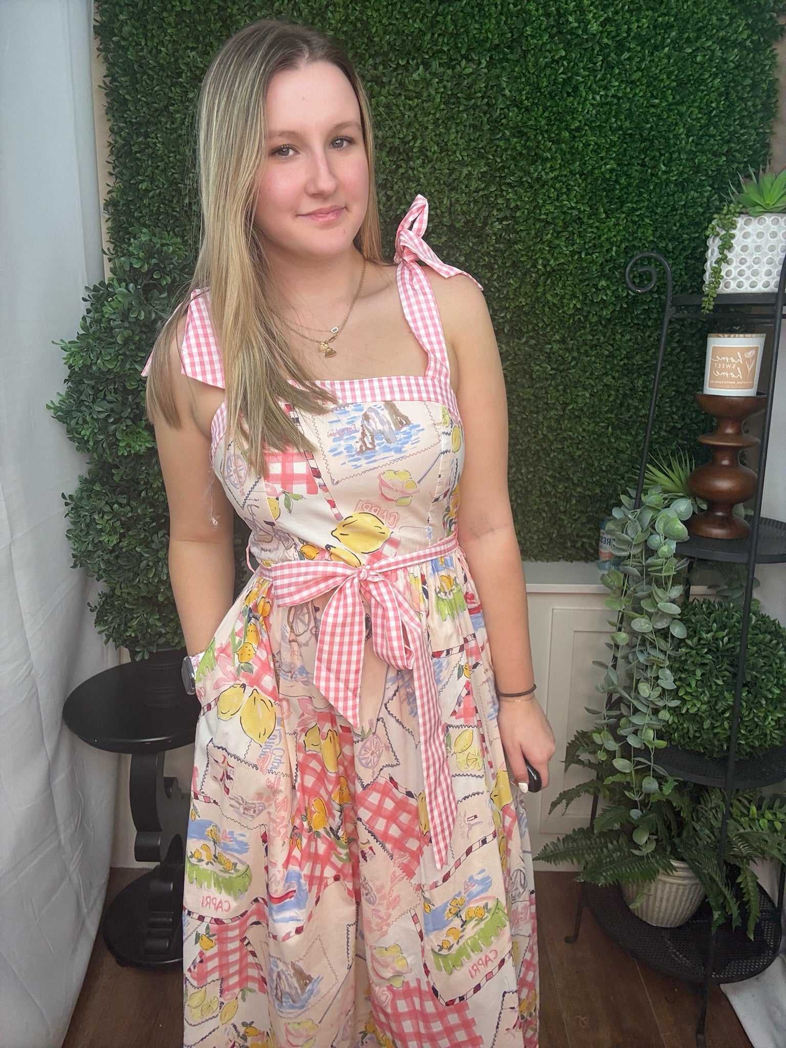 Gingham Tie Strap Printed Midi Dress