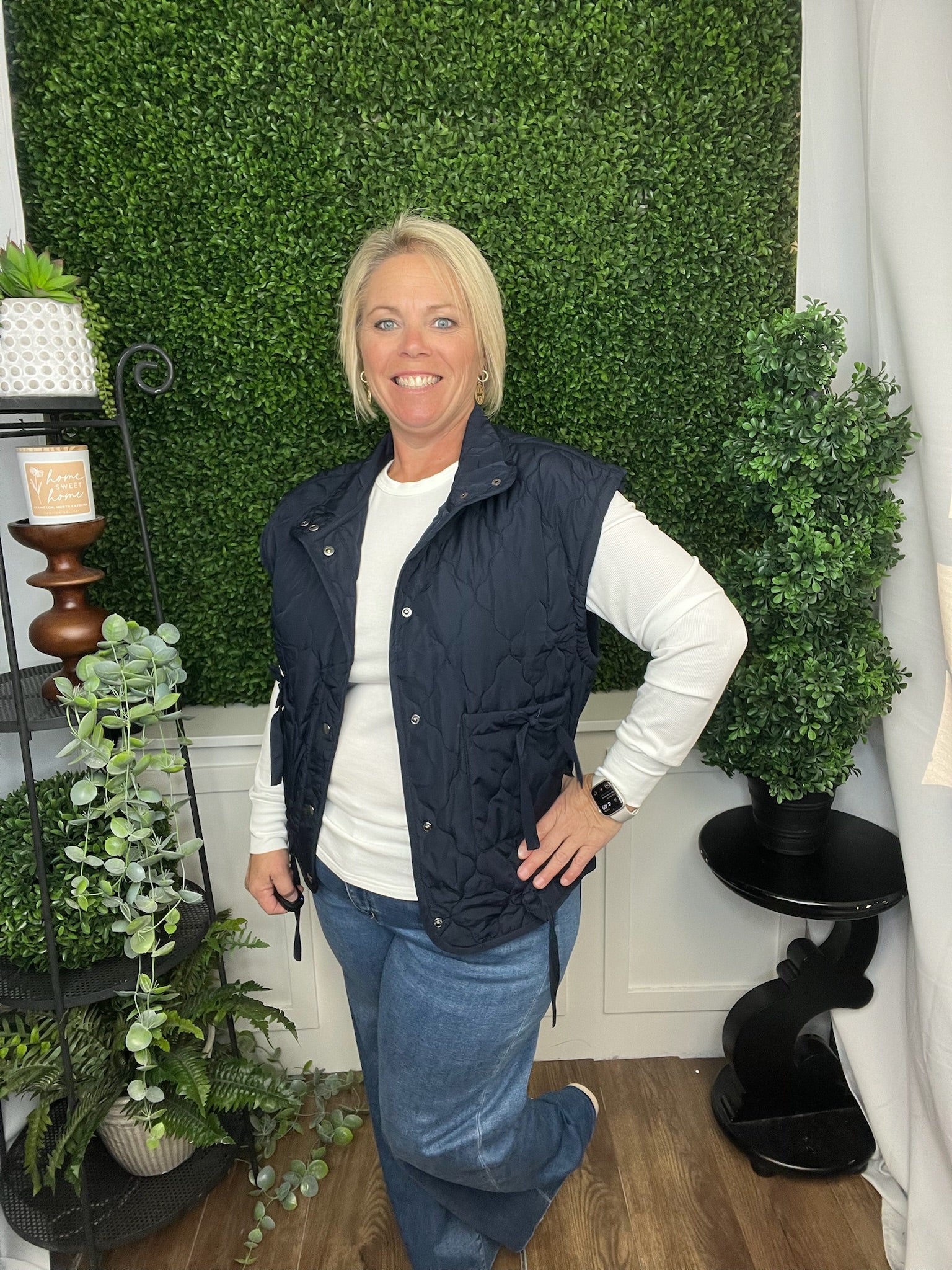 TIE DETAIL SNAP DOWN QUILTED PUFFER VEST