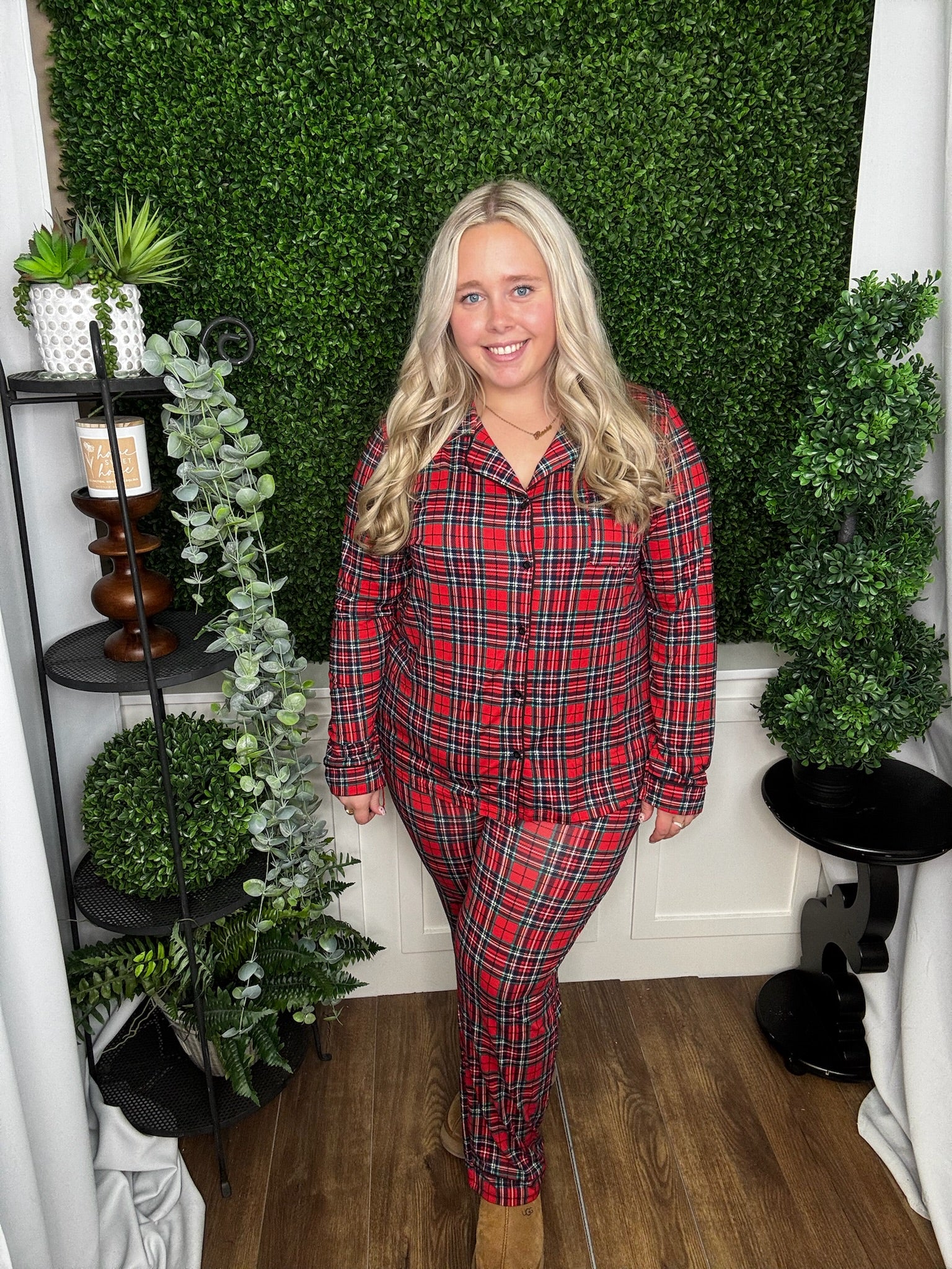 RUBY RED PLAID BUTTON DOWN LOUNGEWEAR SET