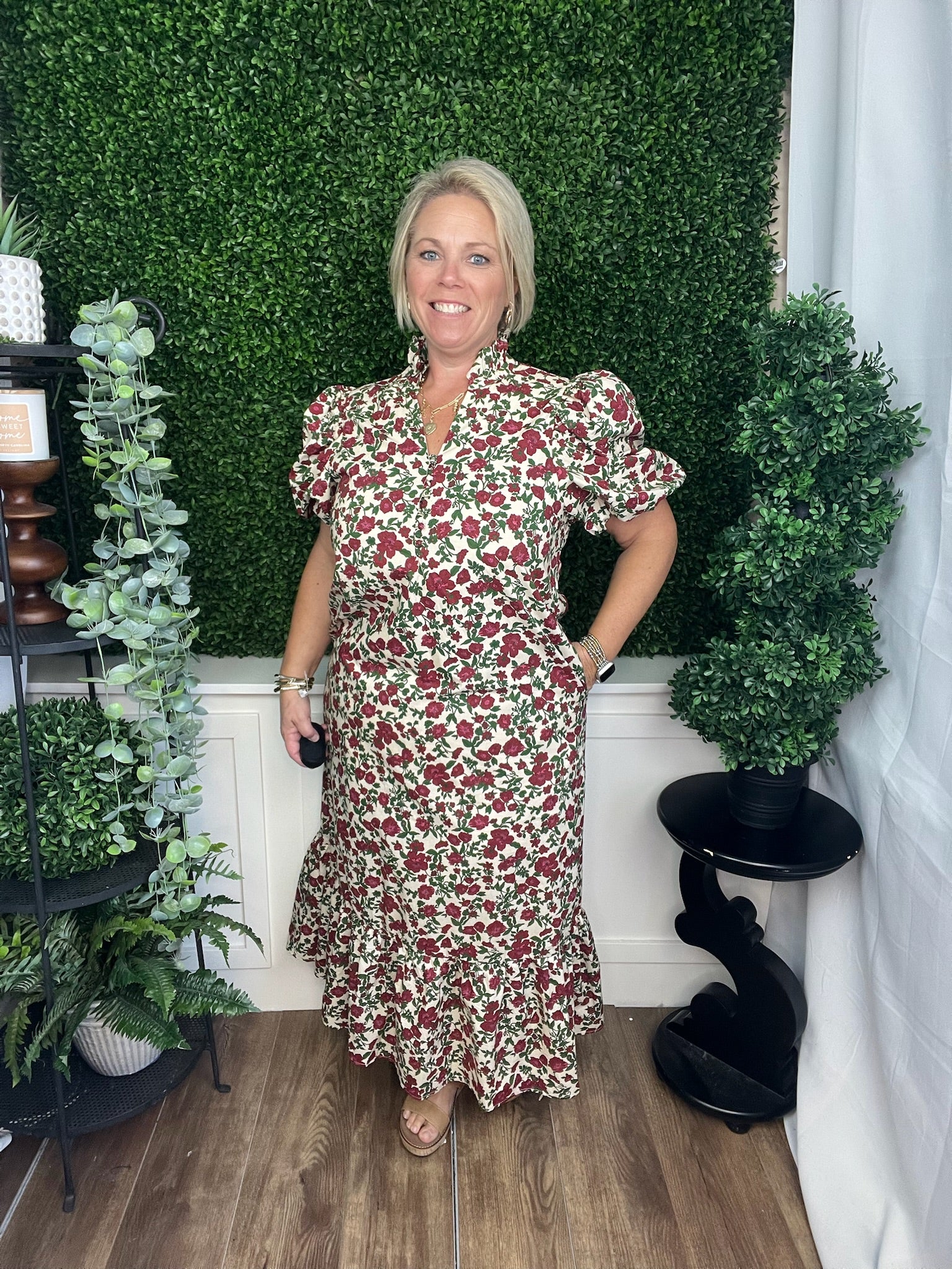 FLORAL PRINT BUBBLE SLEEVE MIDI DRESS- ECRU