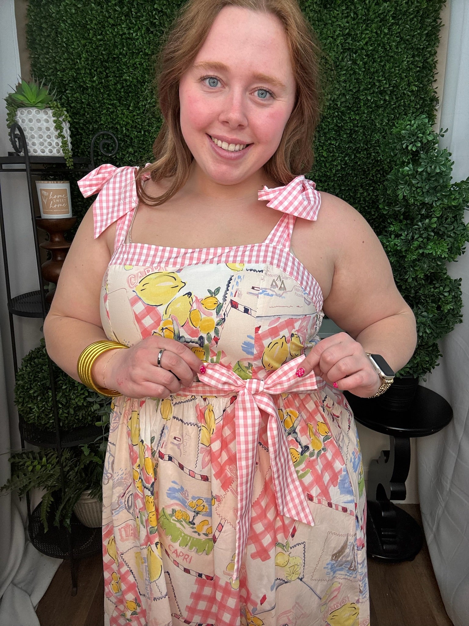 Gingham Tie Strap Printed Midi Dress