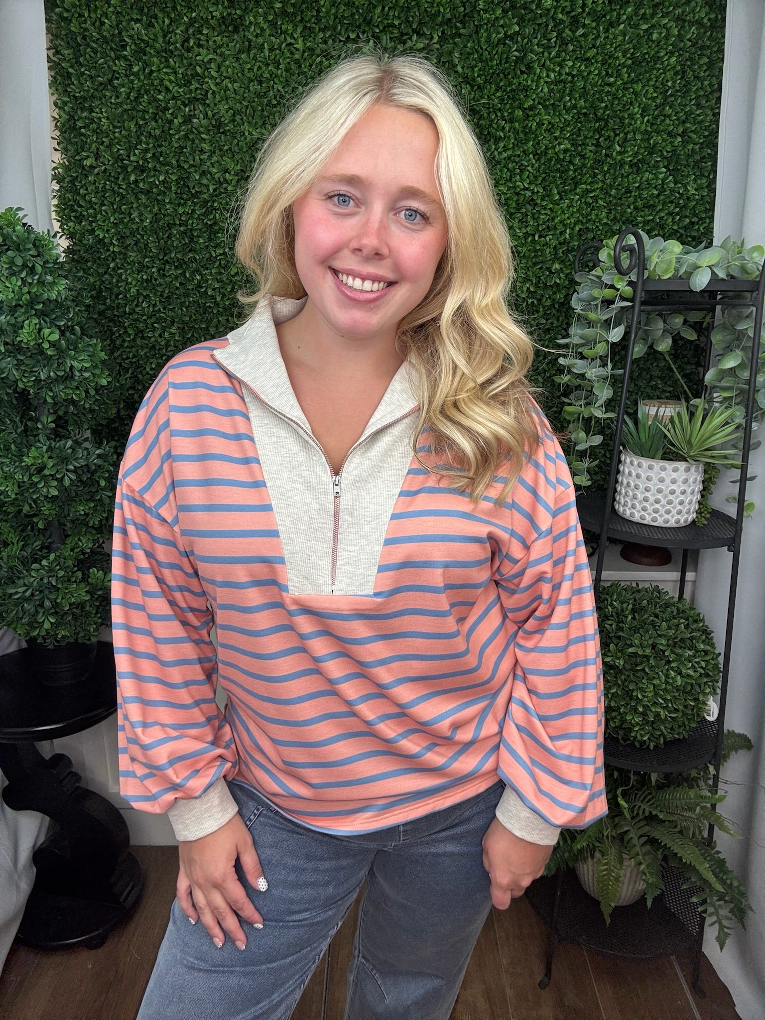 FRONT ZIPPER LONG SLEEVE TOP - CORAL/OATMEAL