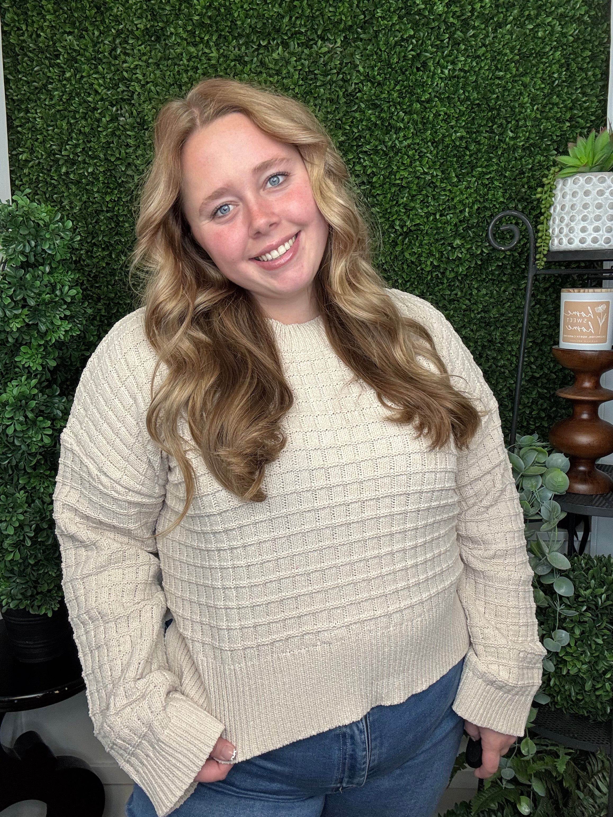 OVERSIZED SOLID CASUAL KNIT SWEATER TOP - ECRU