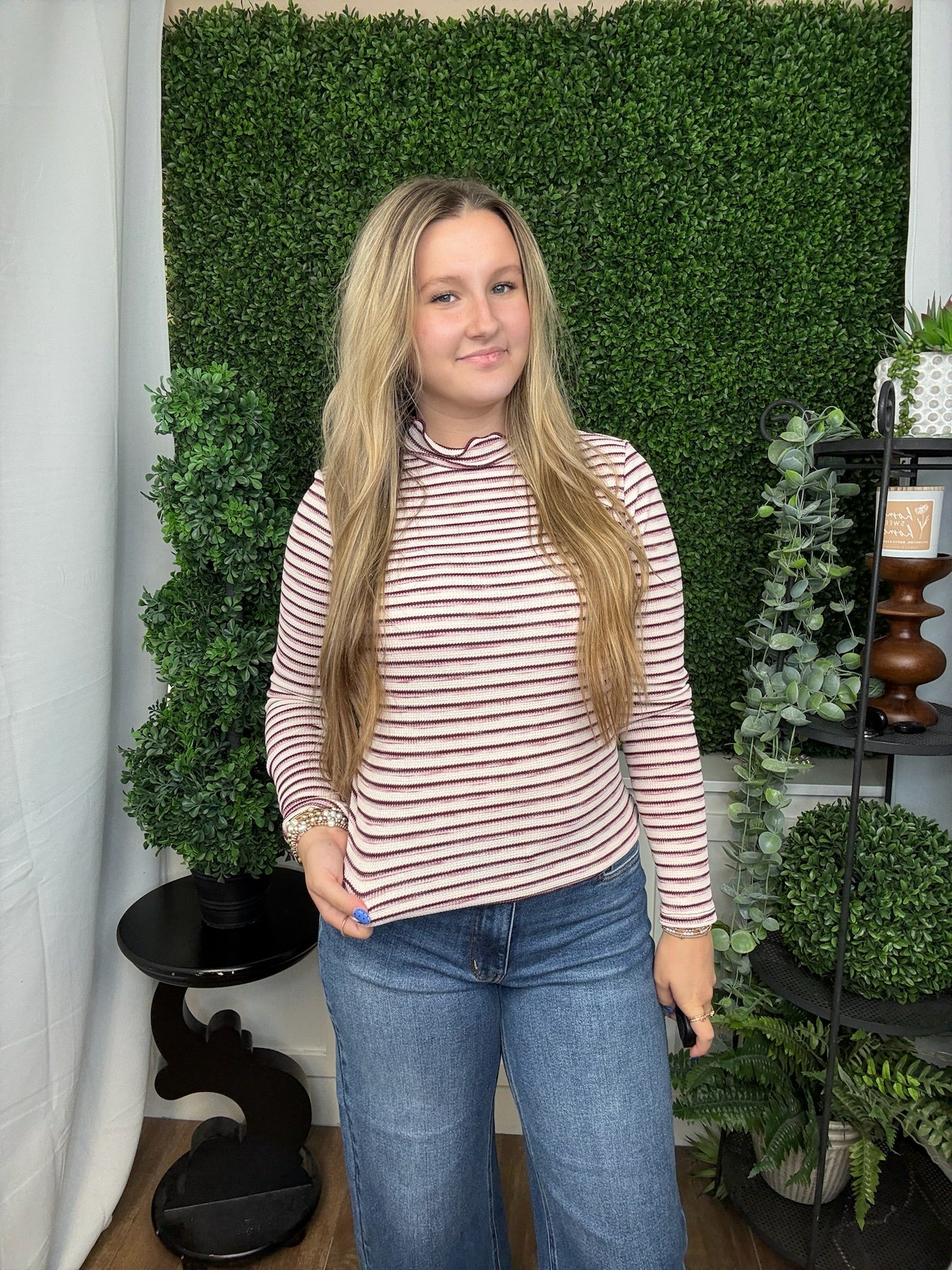 LETTUCE EDGED MOCK NECK LS KNIT TOP