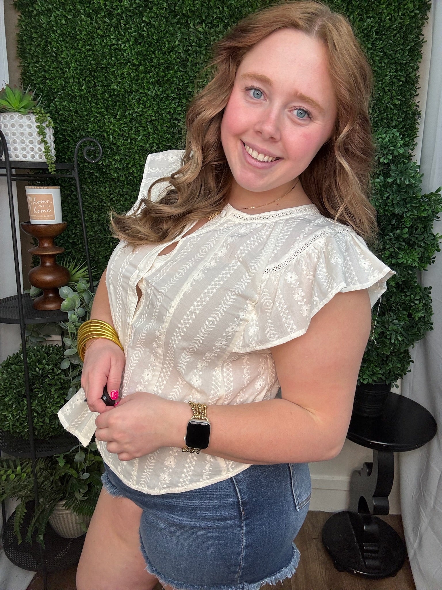 Ivory Lace Panel Flutter Sleeve Blouse