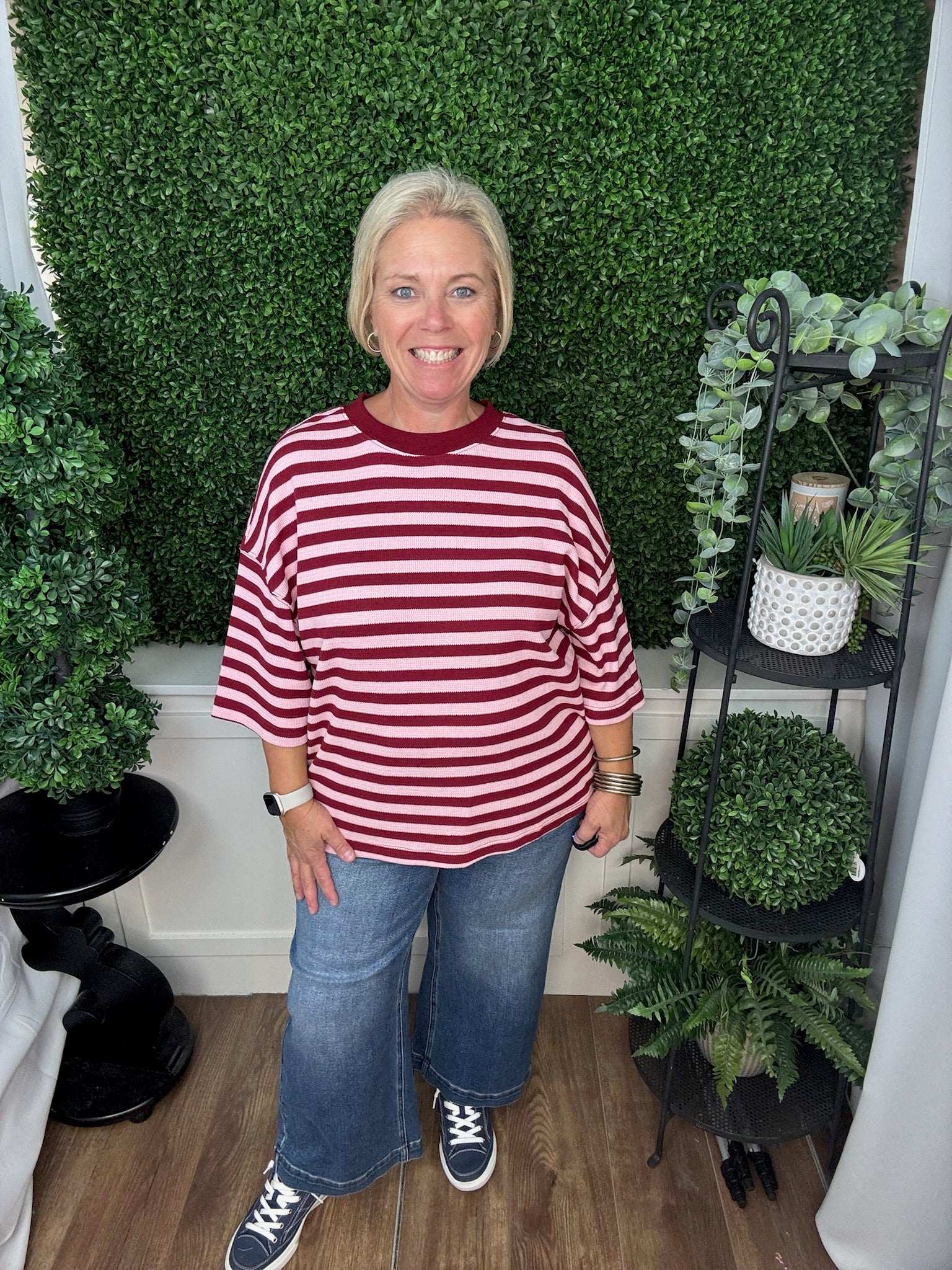 OVERSIZED STRIPED KNIT TOP - BLUE BROWN/BURGUNDY