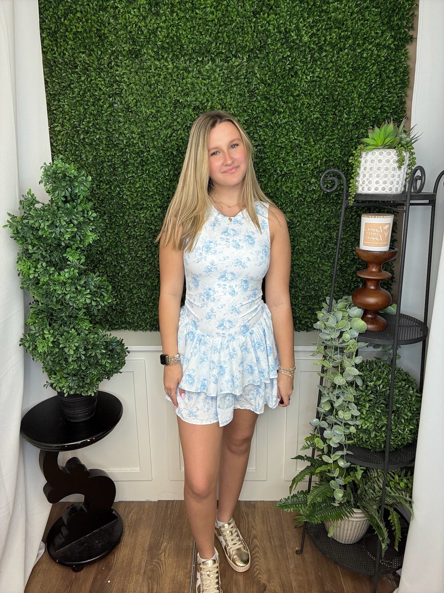 SINGLE TONE FLORAL PRINTED ACTIVE KNIT DOUBLE RUFFLED MINI DRESS - LT BLUE