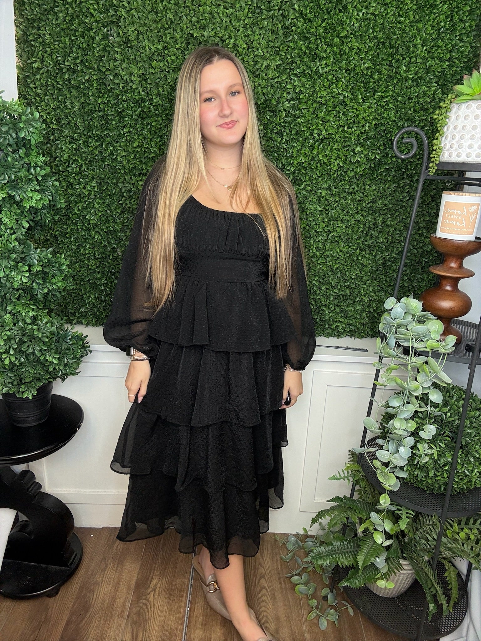 LUREX RUFFLE TIERED LS MIDI DRESS