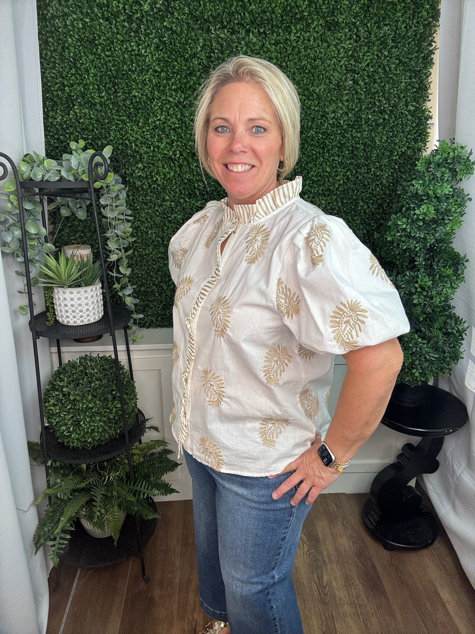 Ivory Embroidered Puff Sleeve Ruffle Blouse