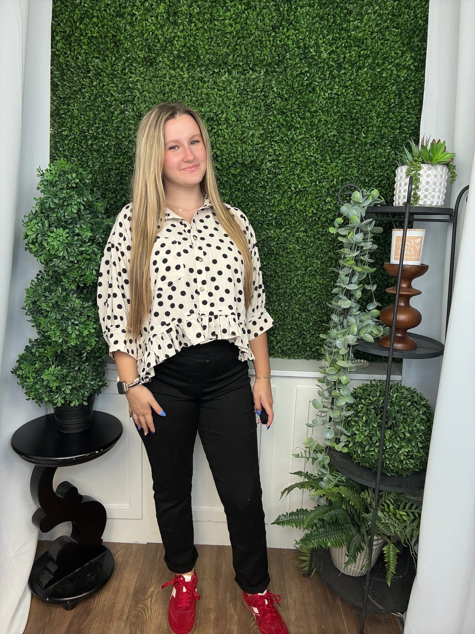 POLKA DOT PRINTED PEPLUM TOP - OFF WHITE/BLACK