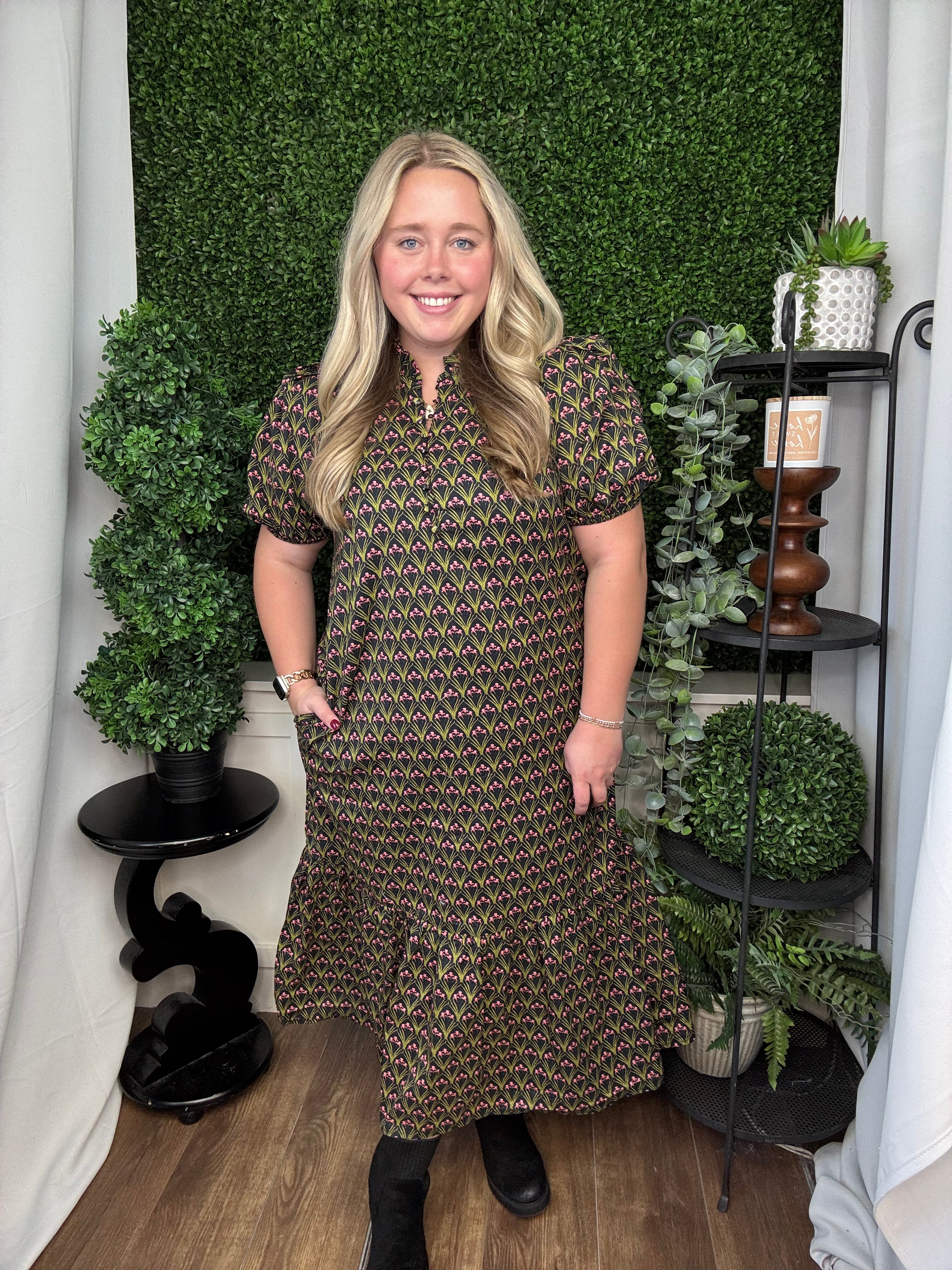 FLORAL PRINT PLEATED PUFF SLEEVE MIDI DRESS