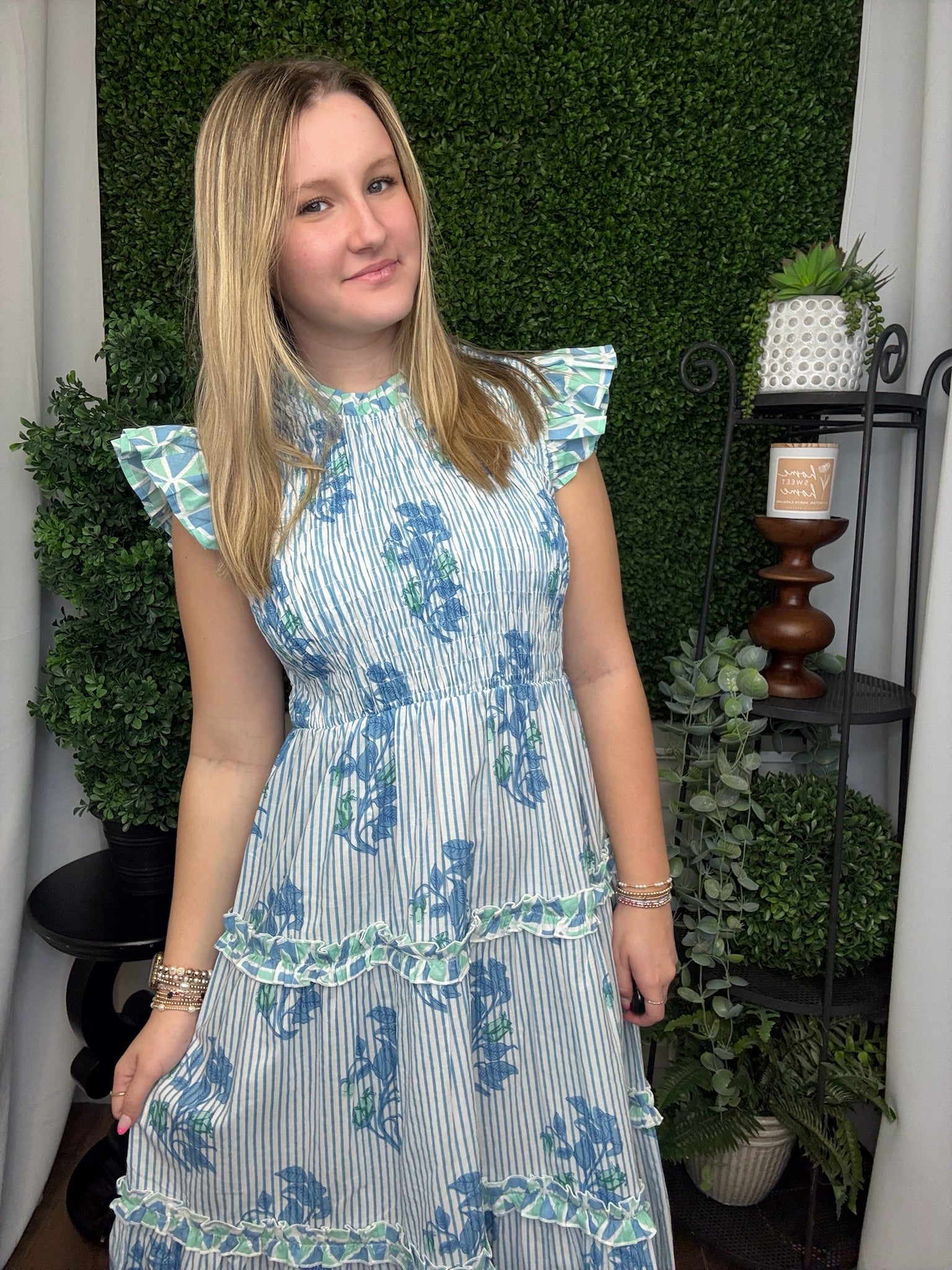 PERIN SMOCKED MIDI DRESS - BLUE