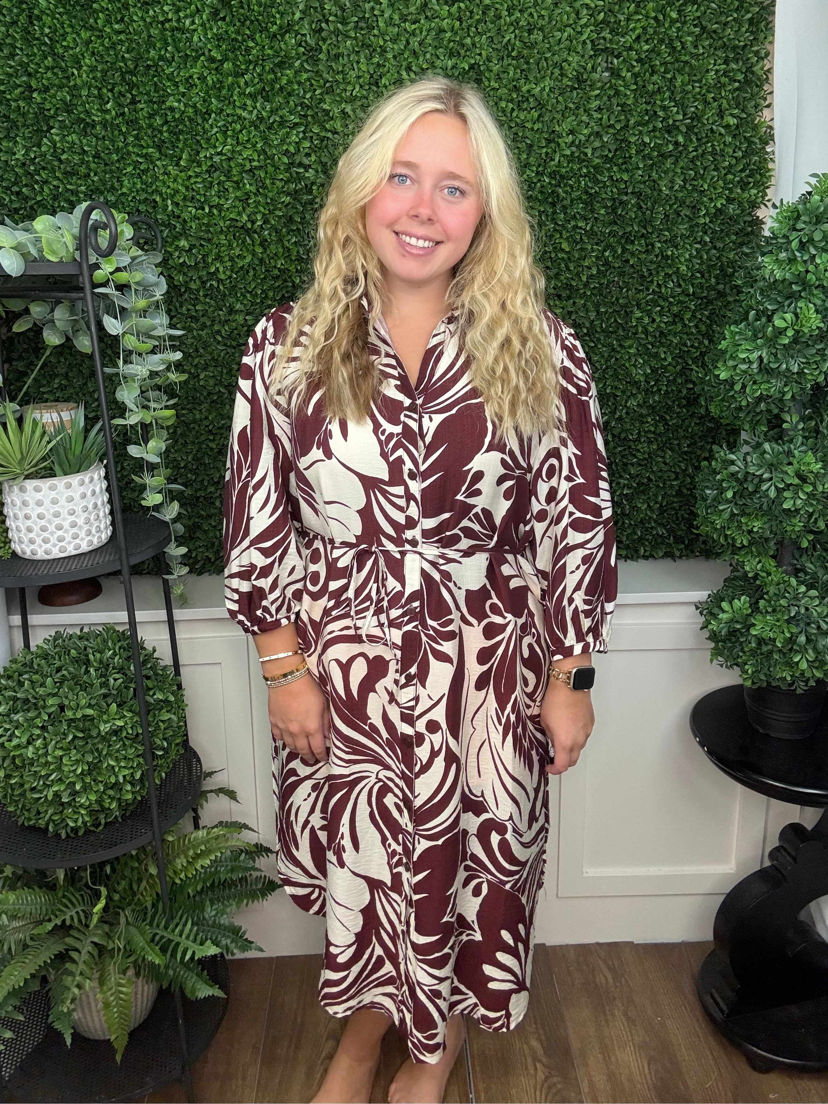 LINIQUE 3/4 BALLOON SLEEVE LEAF BUTTON DOWN DRESS - WINE