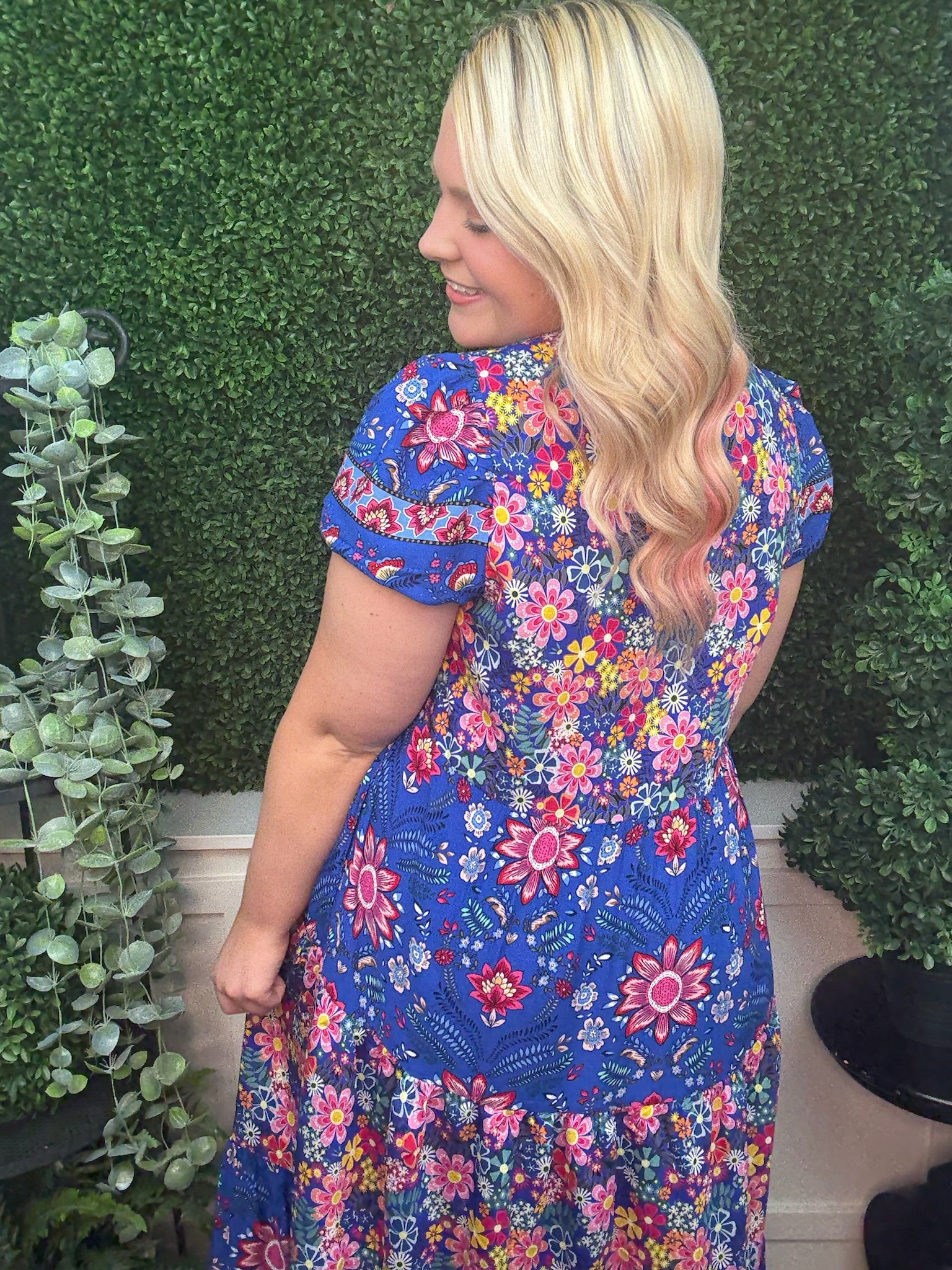 MIXED PRINT TIERED MIDI DRESS - COBALT MIX